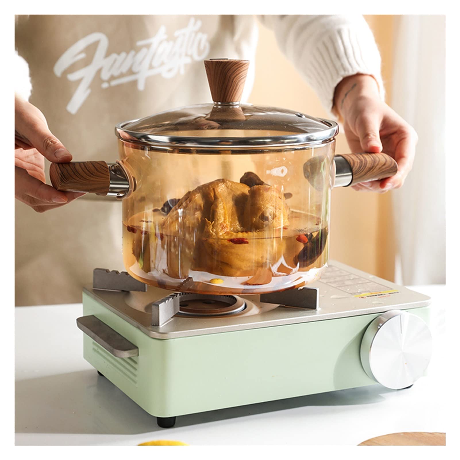 Premium Clear Amber Glass Cooking Pot - 3.5L Heat-Resistant Stockpot with Wood Handle for Soup, Stew, Noodles & Milk - Stovetop, Open Fire & Oven Safe - Perfect for Camping, Kitchen & Restaurant Use