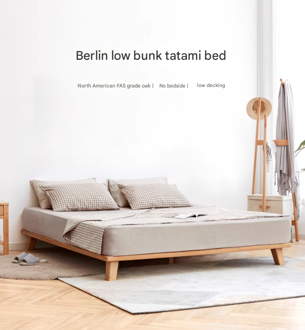 Solid Oak Wood Platform Bed Frame - No Headboard - Queen Size - Modern Minimalist Bedroom Furniture for Small Spaces & Apartments