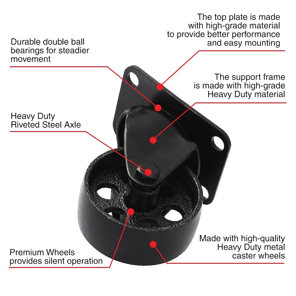 FactorDuty 12 Heavy Duty All Black Metal Swivel Plate Caster Wheels with Brake Lock - 3