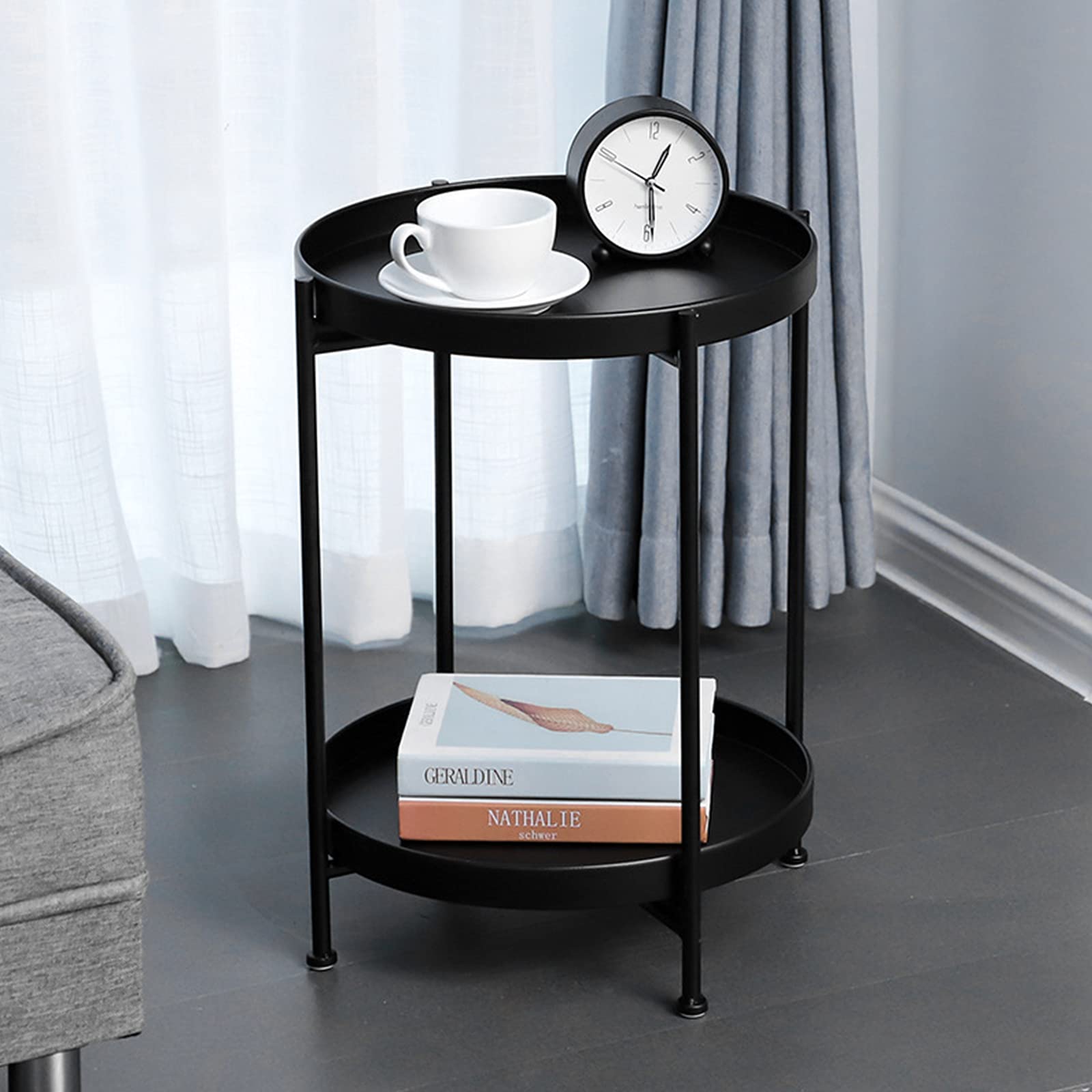 2-Tier Outdoor Side Table with Storage Tray - Modern Round Metal End Table for Patio, Garden, Balcony - Black | Perfect for Outdoor Relaxation & Entertaining