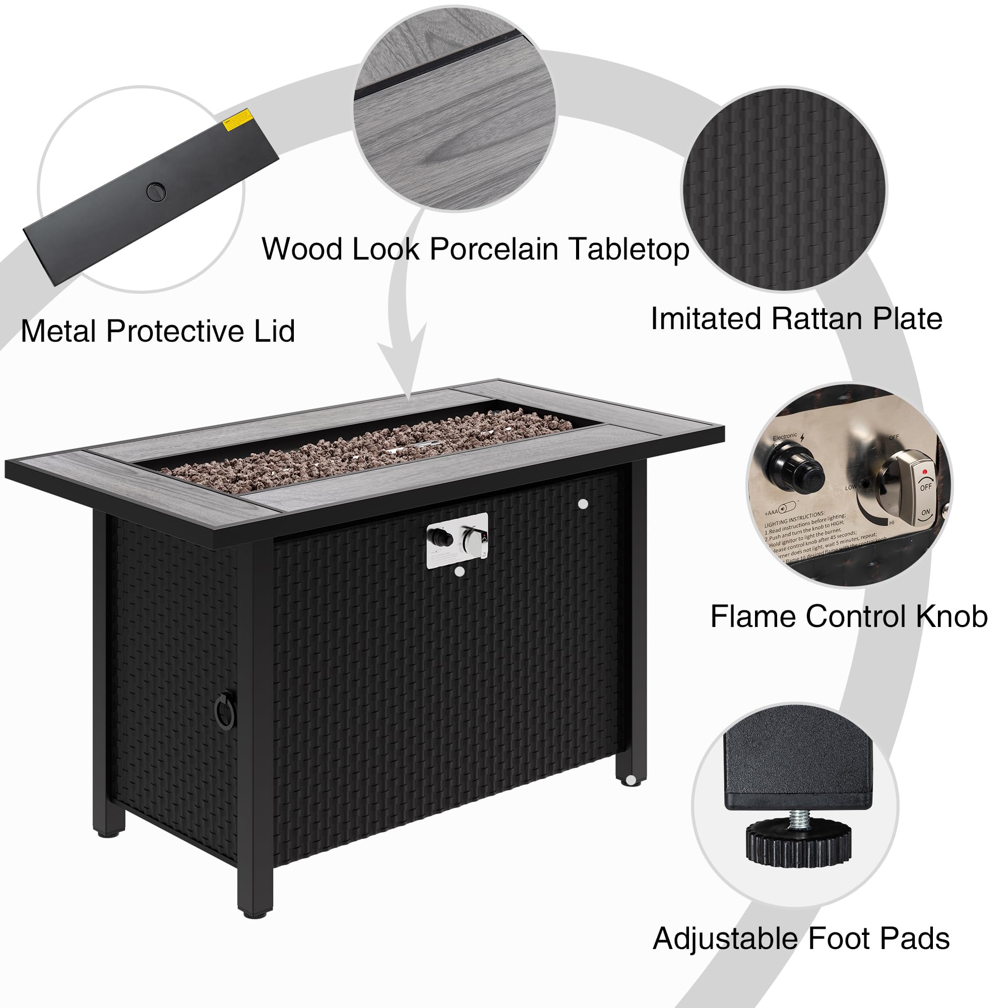 Meilocar 45-inch Propane Fire Pit Table with Red Lava Rocks & Rain Cover - 50,000 BTU 2-in-1 Outdoor Fire Table with Tile Top for Patio, Backyard, Garden, Deck, or Balcony - Perfect for Outdoor Entertaining, Camping, and Relaxation - Gray Tabletop