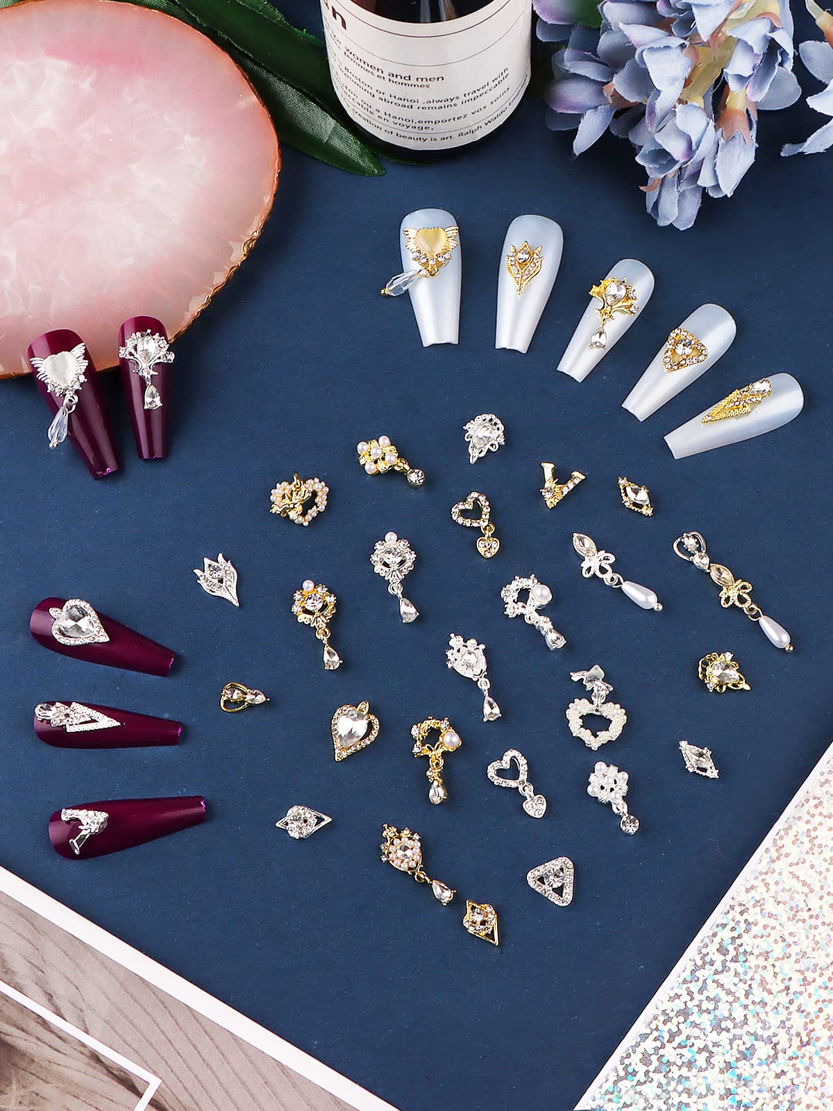 36 Pcs Luxury 3D Dangle Nail Charms - Gold Silver Heart Pearl Rhinestones for DIY Nail Art, Crystal Gems & Nail Diamonds for Women & Girls | Perfect for Nail Design, Craft Jewelry Making, Bridal Manicures & Party Nail Decorations