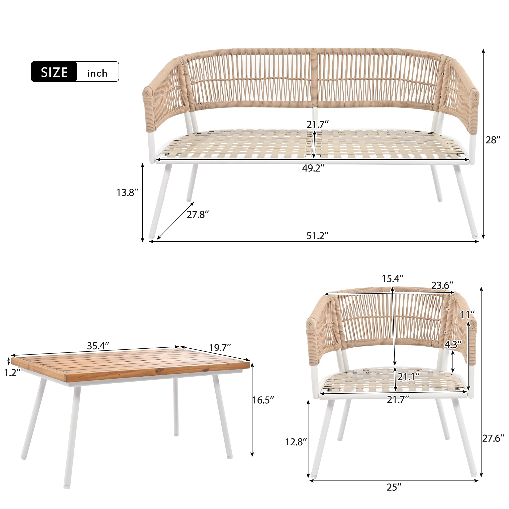 4-Piece Outdoor Patio Furniture Set with Thick Cushions & Deep Seating - Boho Style Acacia Wood Table Conversation Set for Backyard, Poolside or Garden - Perfect for Relaxing, Entertaining and Outdoor Gatherings (Beige)