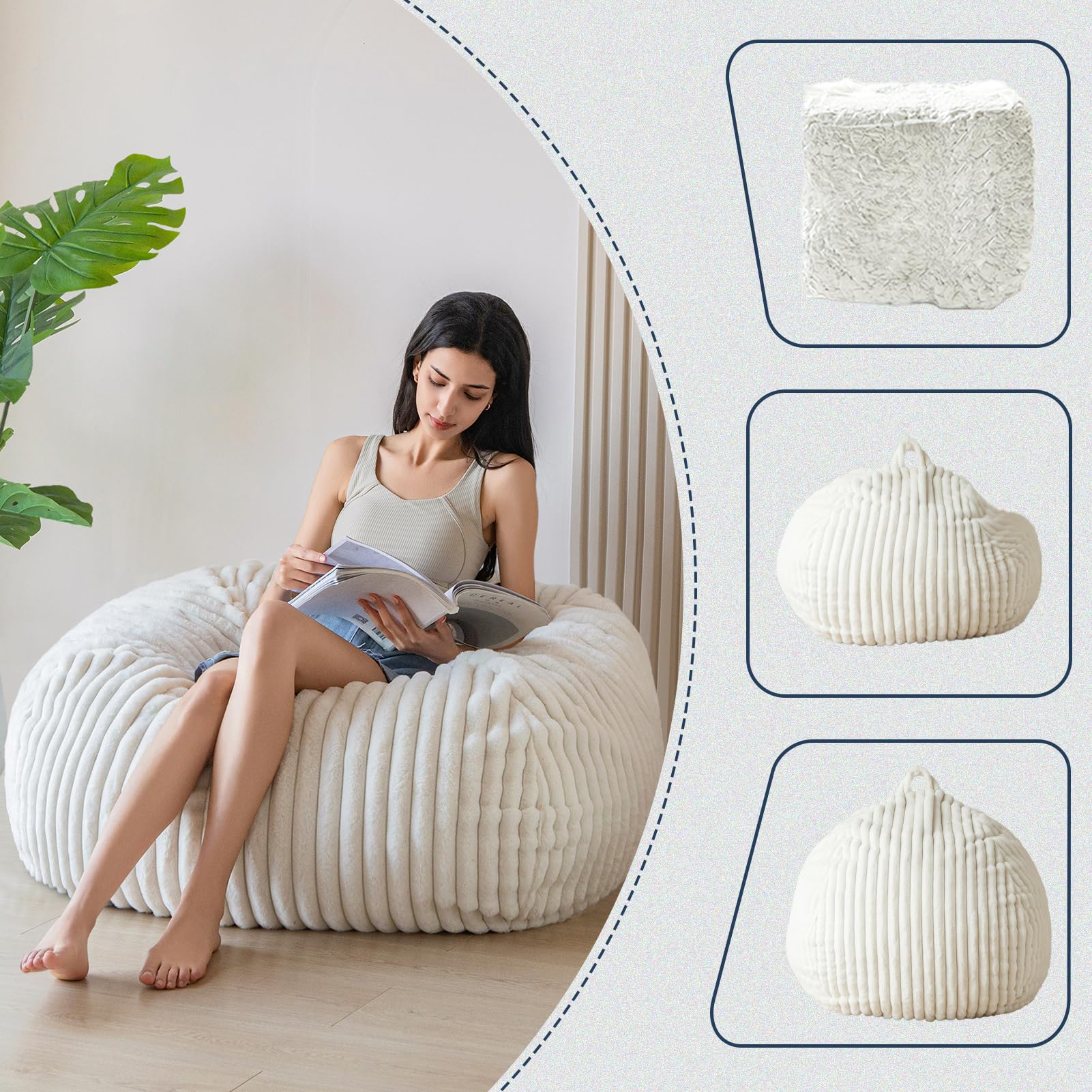 MAXYOYO 3ft Striped Faux Fur Bean Bag Chair for Adults - Soft Lazy Sofa for Living Room, Bedroom, Dorm - Beige Comfortable Seating for Relaxing, Reading & Gaming