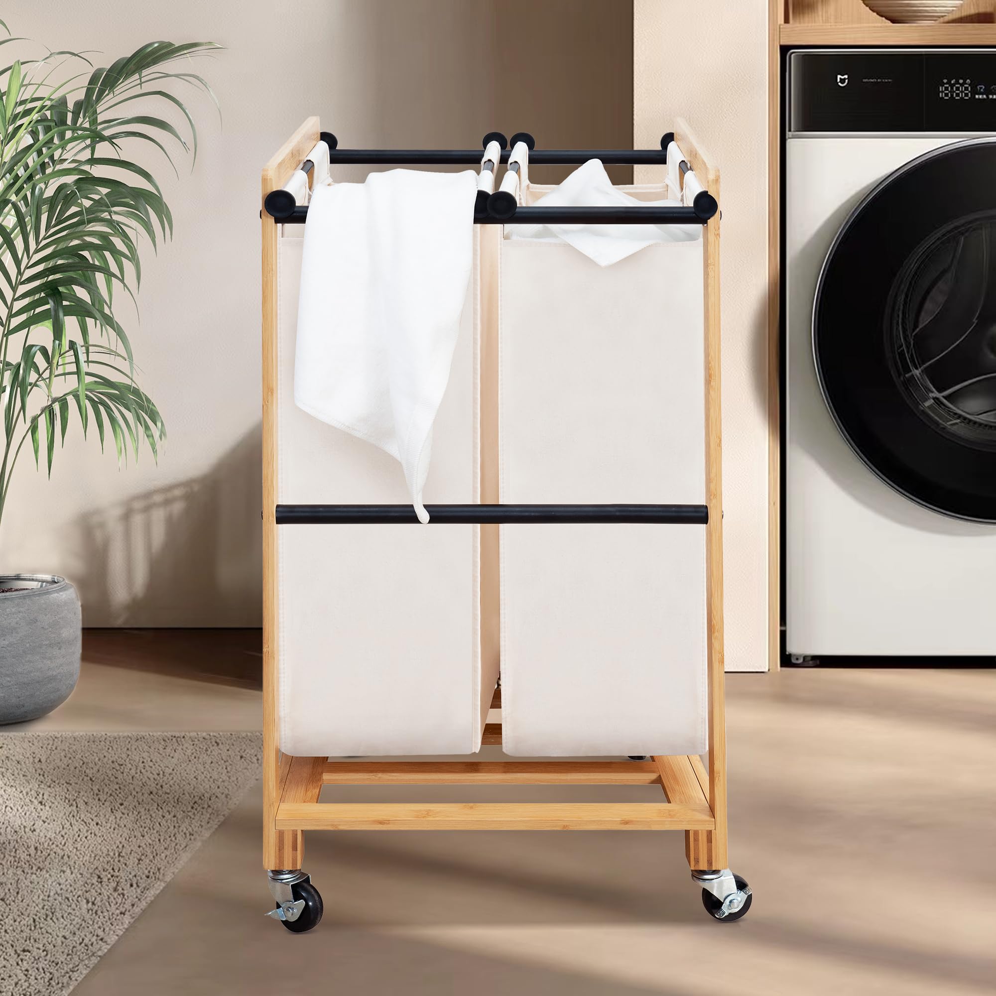 STO 2-Section Bamboo Frame Laundry Sorter with Lockable Wheels - Removable Bag Rolling Laundry Hamper Cart for Clothes Storage - Perfect for Laundry Room, Bedroom & Dorm Organization (Beige)