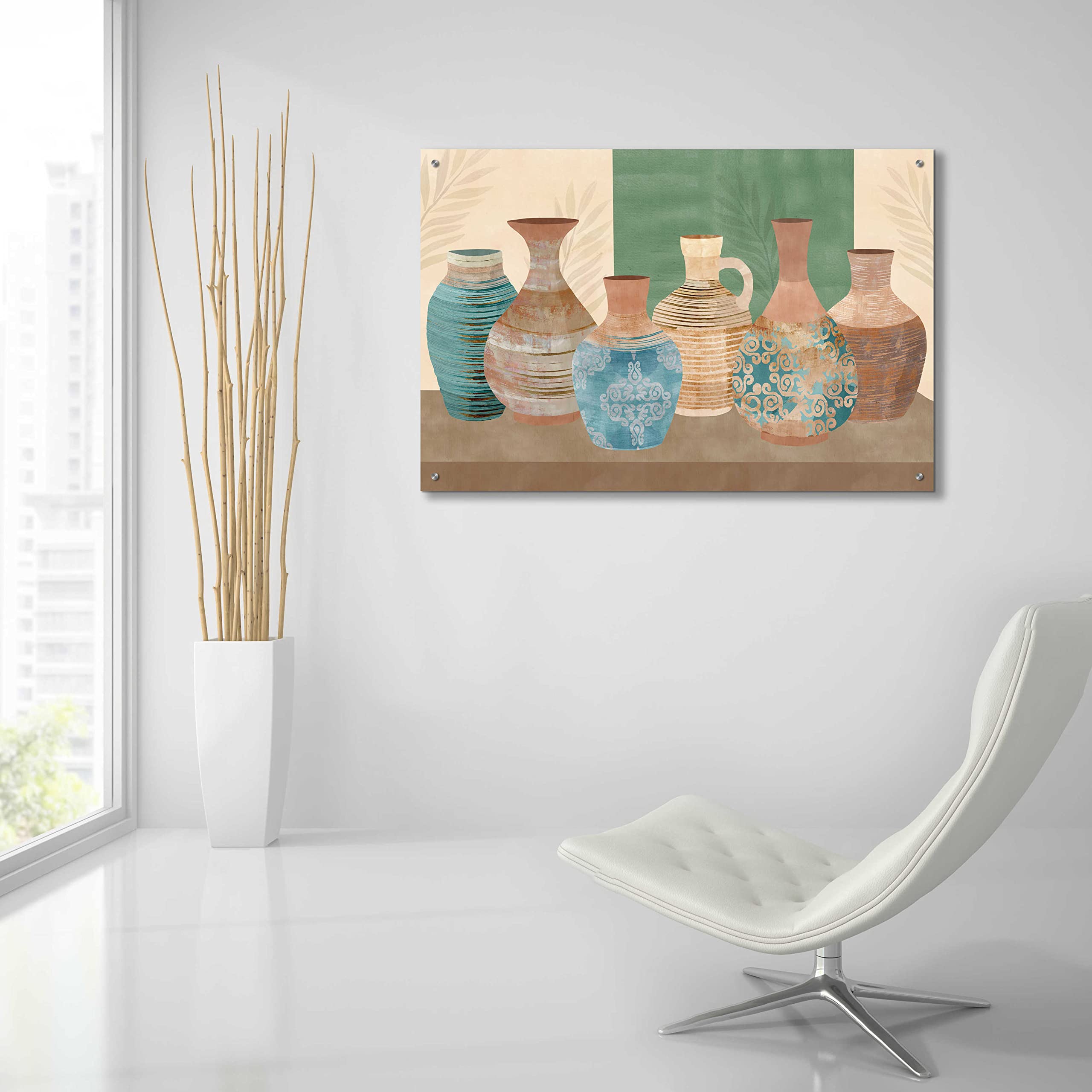 Flora Kouta 'Earthenwared Pots IV' Acrylic Glass Wall Art Print - 36x24 Inches Modern Home Decor for Living Room, Bedroom & Office