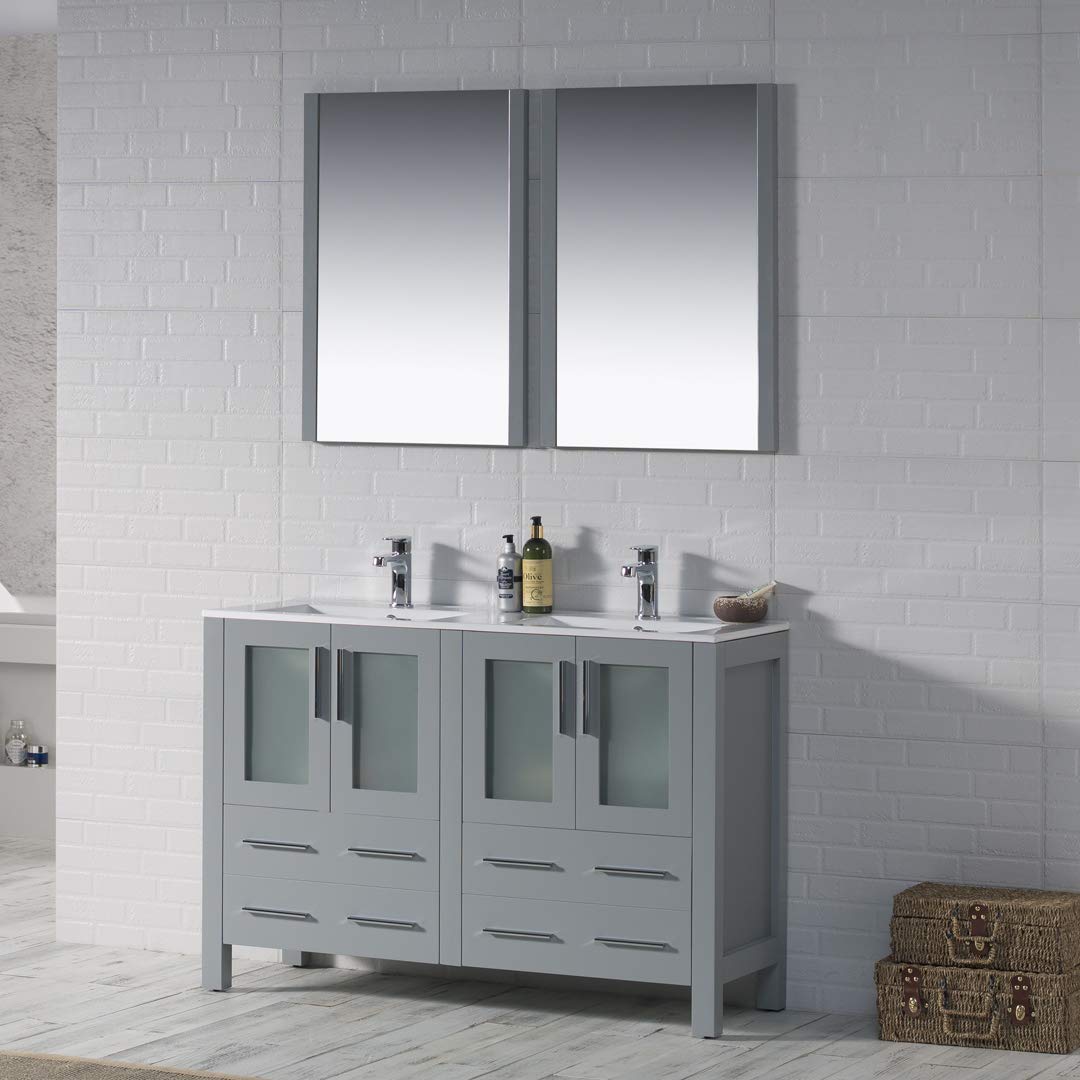 48-Inch All-Wood Single Bathroom Vanity with Ceramic Sink - Double Ceramic Top in Metal Grey | Modern Bathroom Storage Solution for Small Spaces, Powder Rooms & Guest Baths
