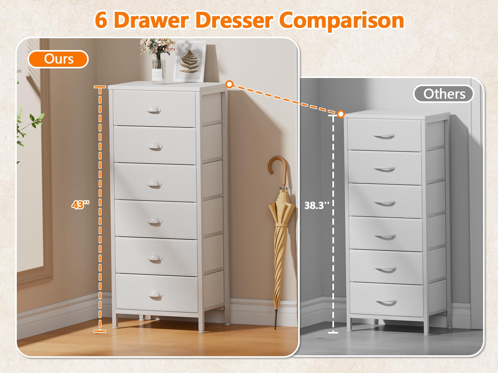 Furnulem White Tall Dresser for Bedroom - 6-Drawer Vertical Storage Tower & Nightstand with Fabric Organizer | Perfect for Bedroom, Living Room, Closet, Entryway & Hallway Organization