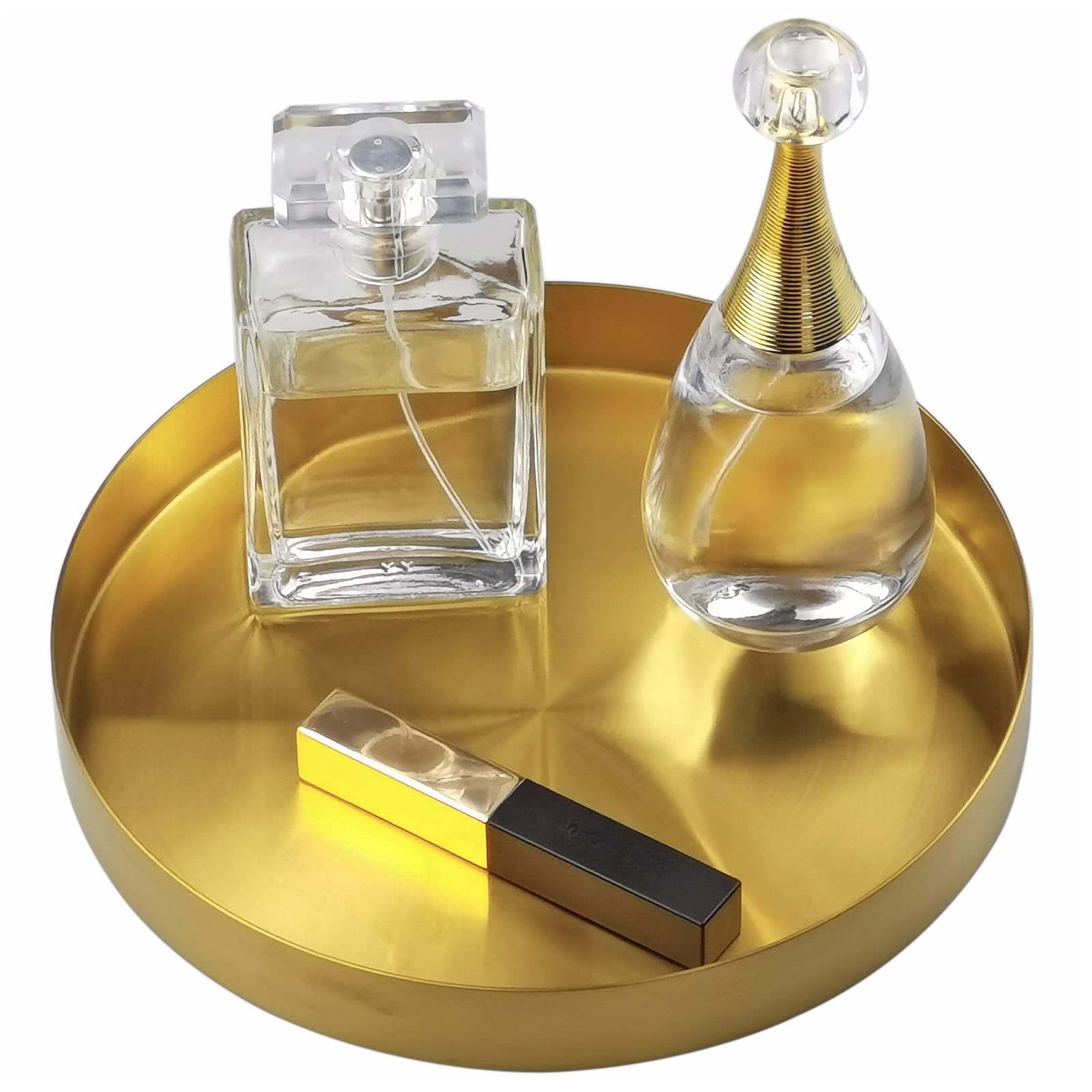 Freelove 8 Inch Round Brass Gold Serving Tray - Elegant Perfume & Candle Organizer for Dining Table, Coffee Table, Vanity, Bathroom - Perfect for Home Decor, Storage & Centerpiece Displays