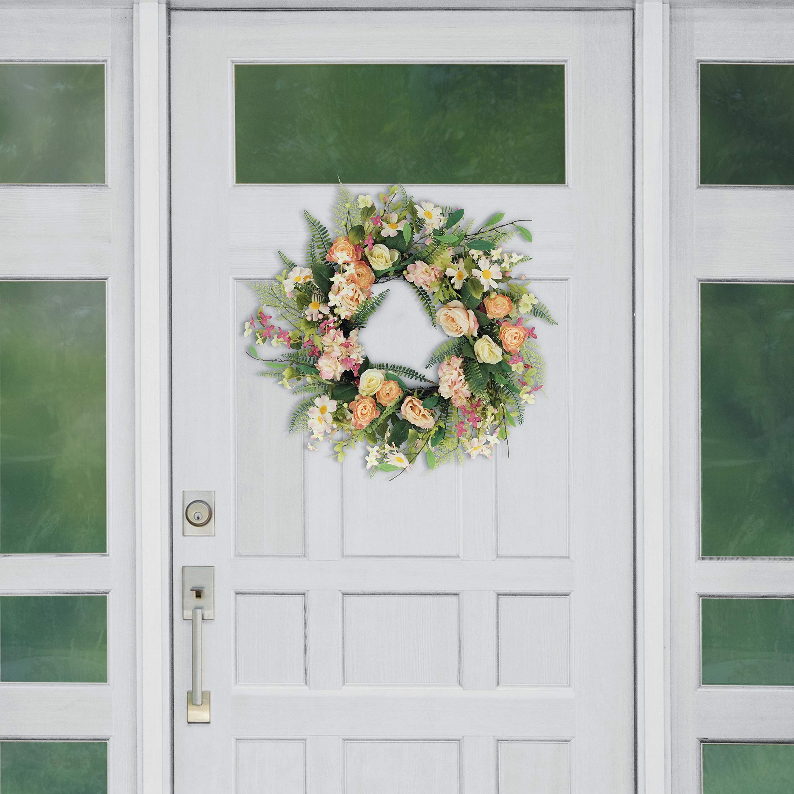 Puleo International 24-Inch Artificial Rose and Hydrangea Floral Spring Door Wreath - Elegant Home Decor for Front Door, Wall, or Seasonal Display