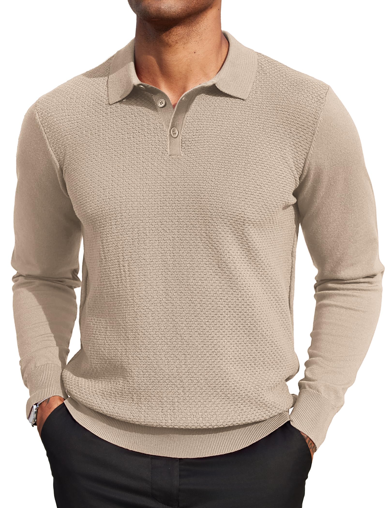 COOFANDY Men's Long Sleeve Knit Polo Sweater - Casual Quarter Button Collared Pullover for Golf & Business - Soft Waffle Textured Cotton Blend (Perfect for Office, Golf Outings & Smart Casual Wear)