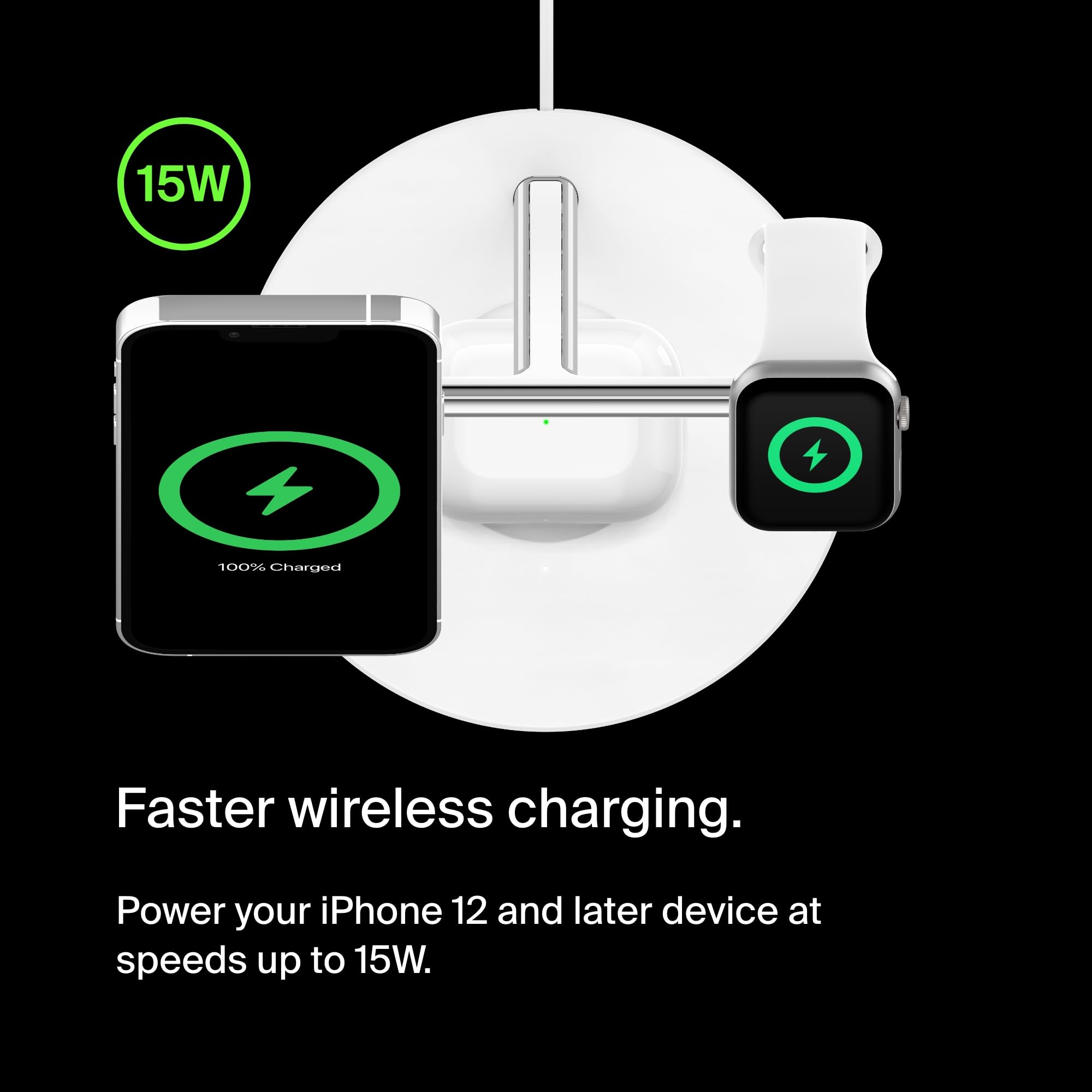 Belkin MagSafe 3-in-1 Wireless Charging Station - 15W Fast Charger for iPhone 16/15/14/13/12 Series, Apple Watch 10/9/8/SE/Ultra & AirPods - White | Perfect for Bedside, Office Desk & Travel Charging