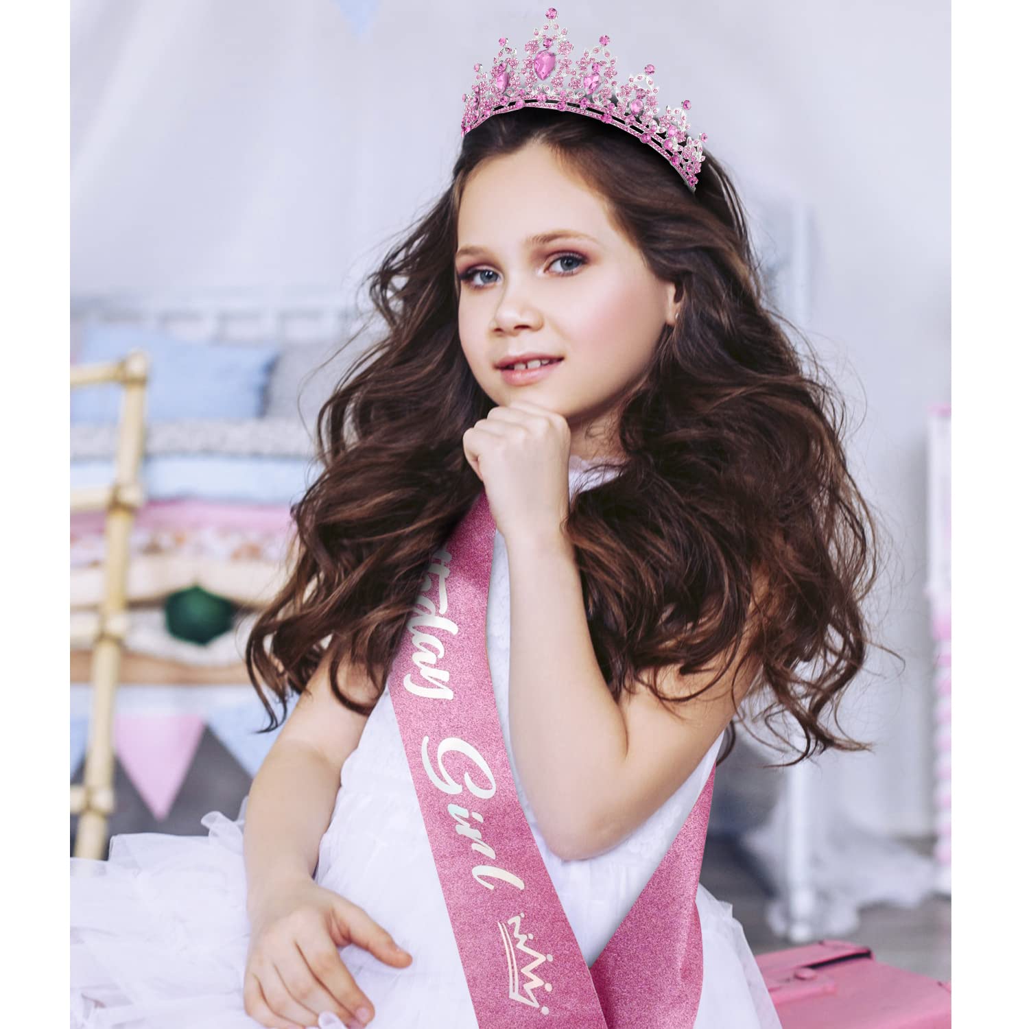 SuPoo Pink Birthday Crown & Sash Set - Rhinestone Tiara with Comb & Glitter Headband for Girls - Princess Party Accessories for Birthday Decorations & Celebrations