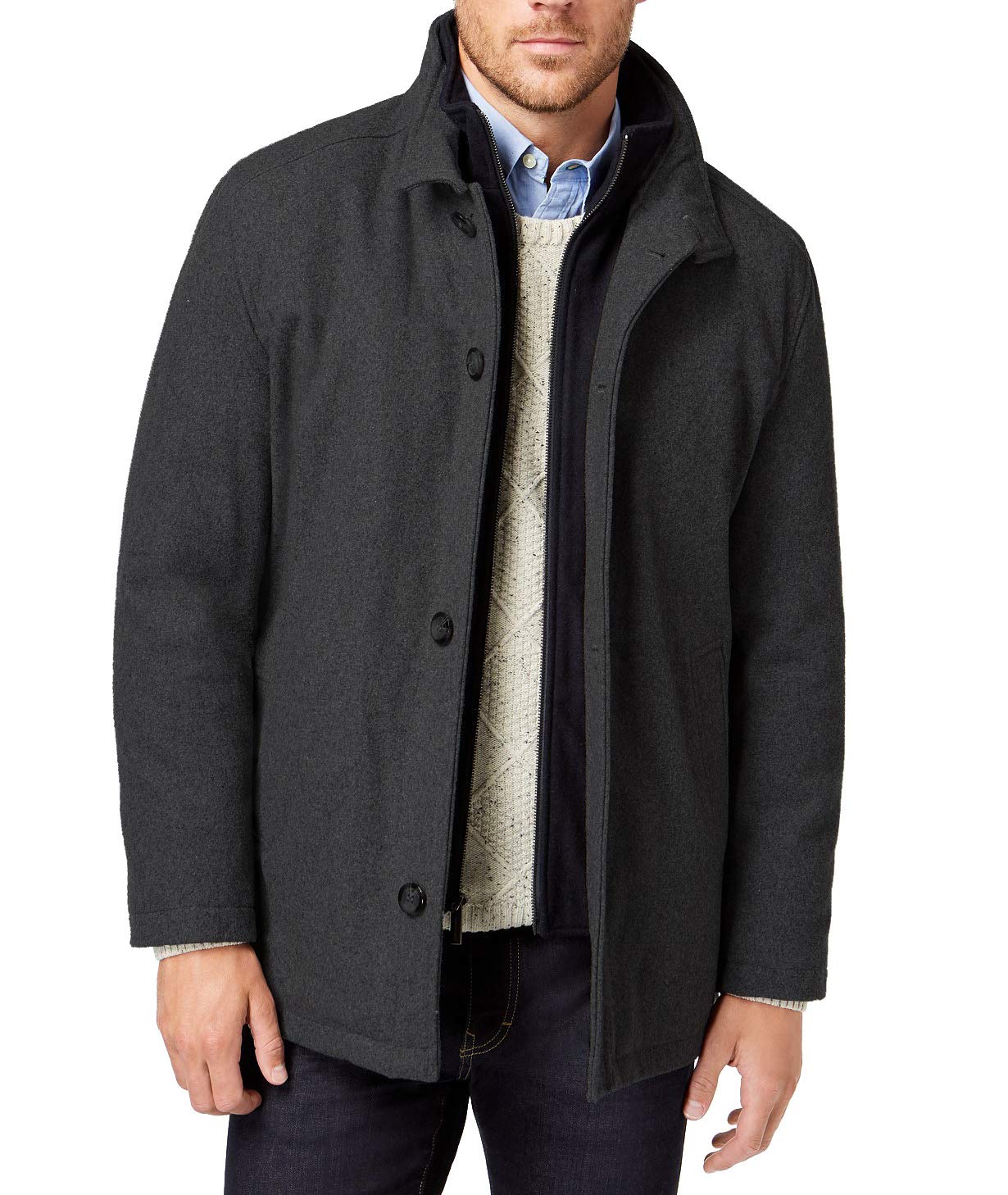 London Fog Men's Wool Blend Car Coat with Bib - Warm Winter Overcoat for Commuting & Outdoor Activities