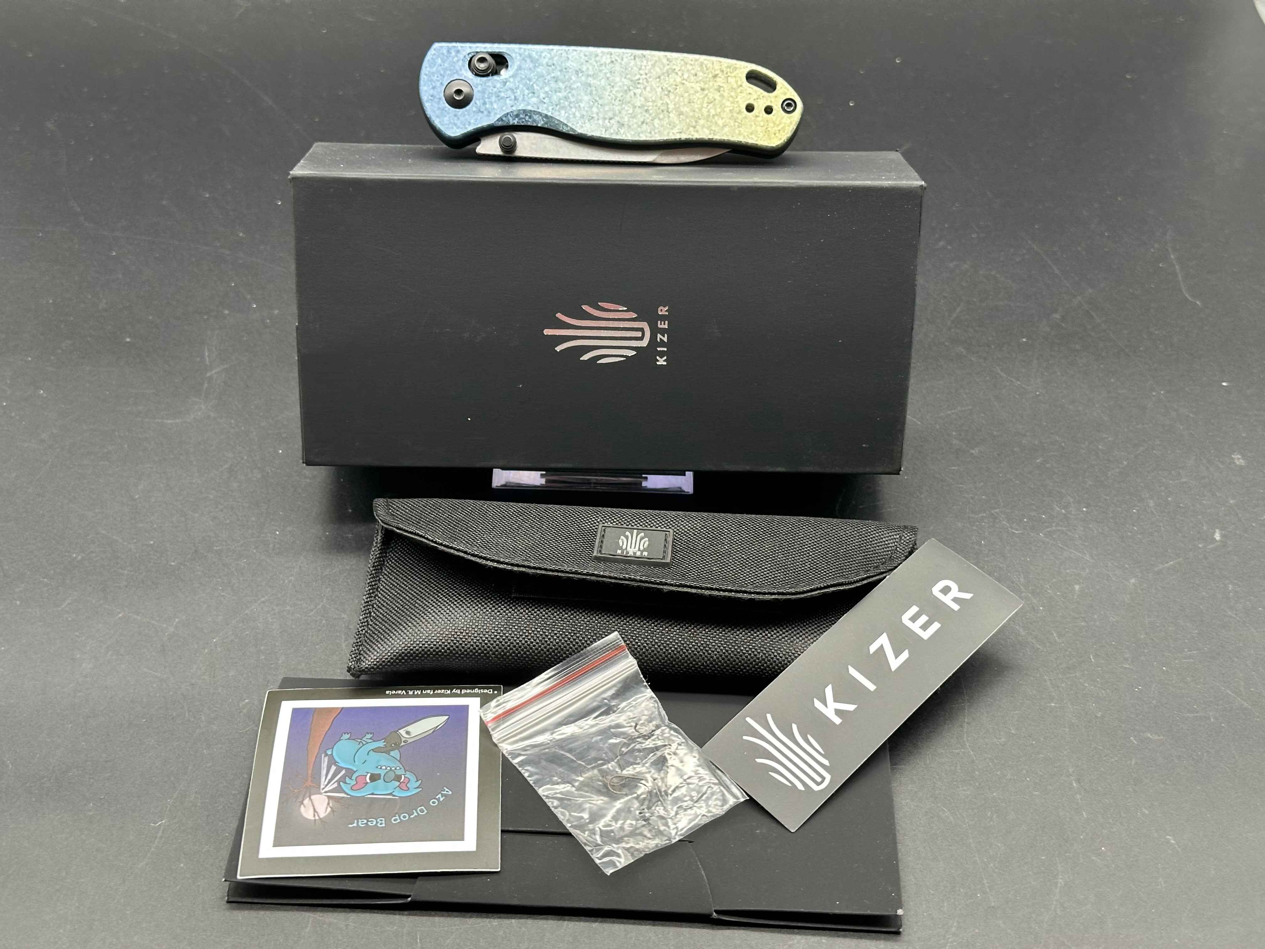 Kizer Azo Drop Bear Clutch Lock Folding Knife - Titanium Handle with 3 Stonewash Finish - EDC Pocket Knife for Camping, Hiking & Outdoor Adventures