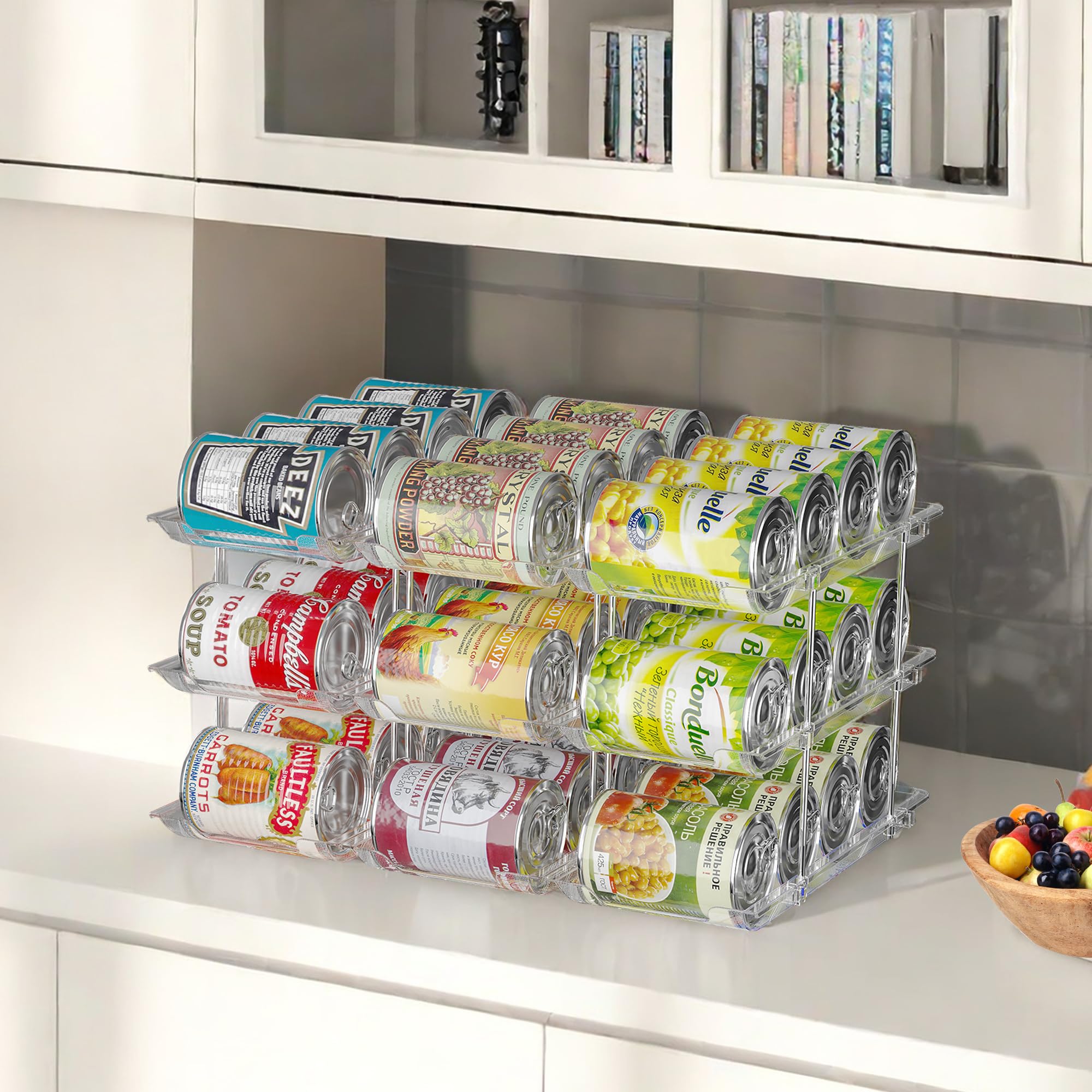 Automatic Rolling Can Organizer for Pantry & Fridge - Holds 36 Cans, Fits 5.8-Inch Soda Cans (Set of 9) - Space Saving Food Storage Rack for Kitchen Organization & Beverage Dispensing