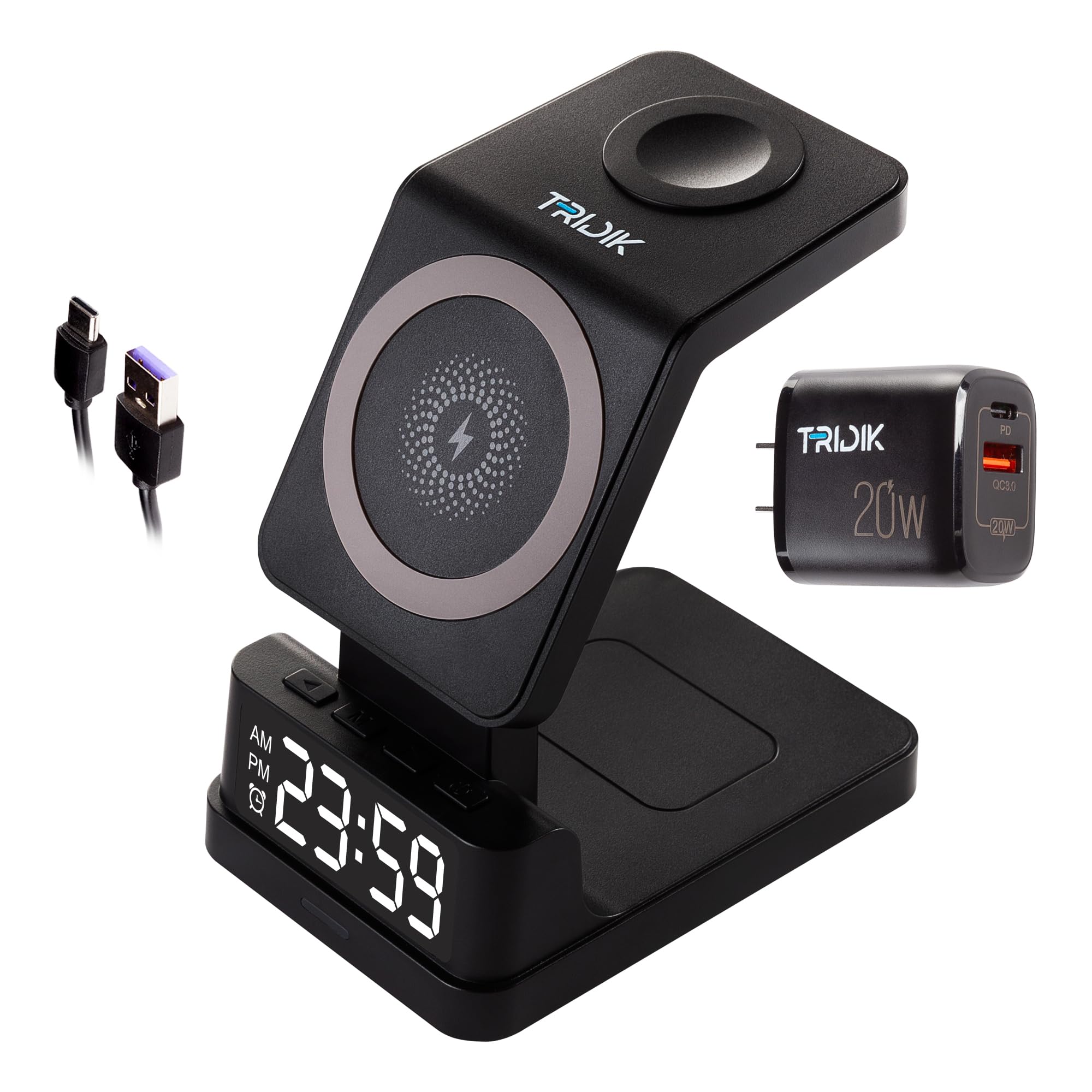 4-in-1 Wireless Charging Station with Digital Clock & Alarm - 15W Fast Charger for iPhone MagSafe, Apple Watch & AirPods - Includes 20W Adapter - Perfect for Bedside, Office & Travel - TRIDIK