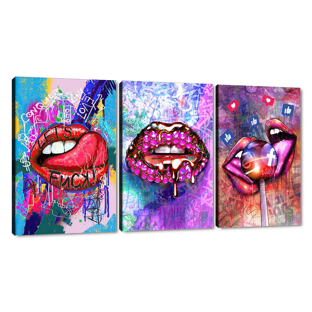 3-Piece MAMAGO Canvas Wall Art - Abstract Lips Painting, Modern Graffiti Street Pop Art Prints, Framed Ready to Hang (24