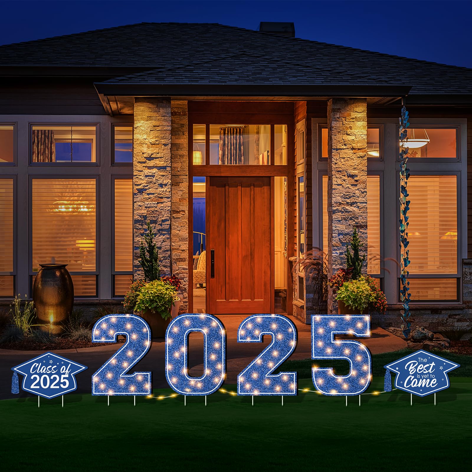 2025 Graduation Yard Sign with LED Lights - Large Outdoor Class of 2025 Lawn Decor with Stakes - Light Up Pathway Sign for Grad Party, Backyard Celebration & Congratulatory Decorations (Blue)