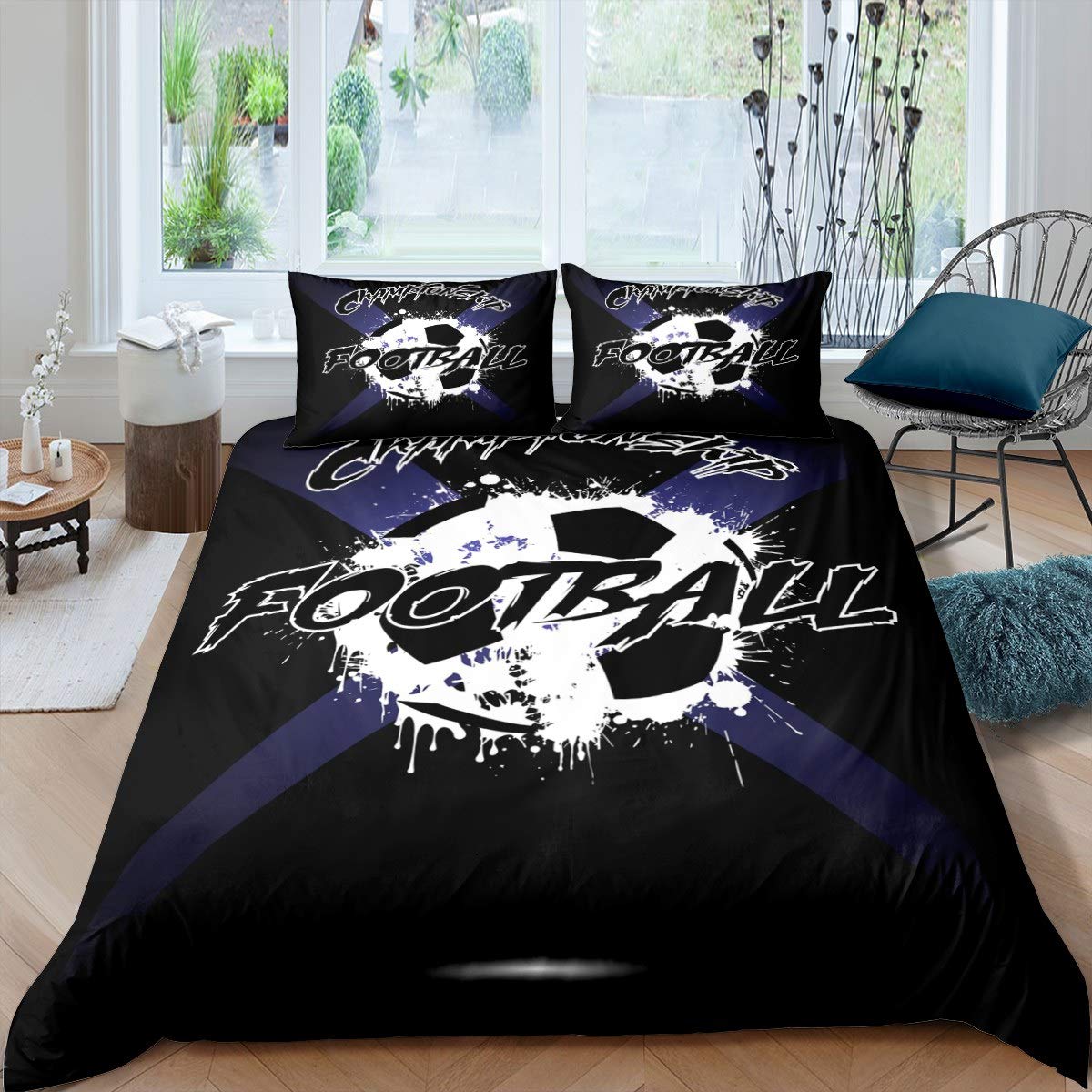 Boys Football Duvet Cover Set - Soccer Ball Pattern Black & White Sports Theme Bedding for Kids & Teens - Twin Size with 1 Pillowcase - Perfect for Bedroom Decor, Sleepovers, and Soccer Fan Gifts