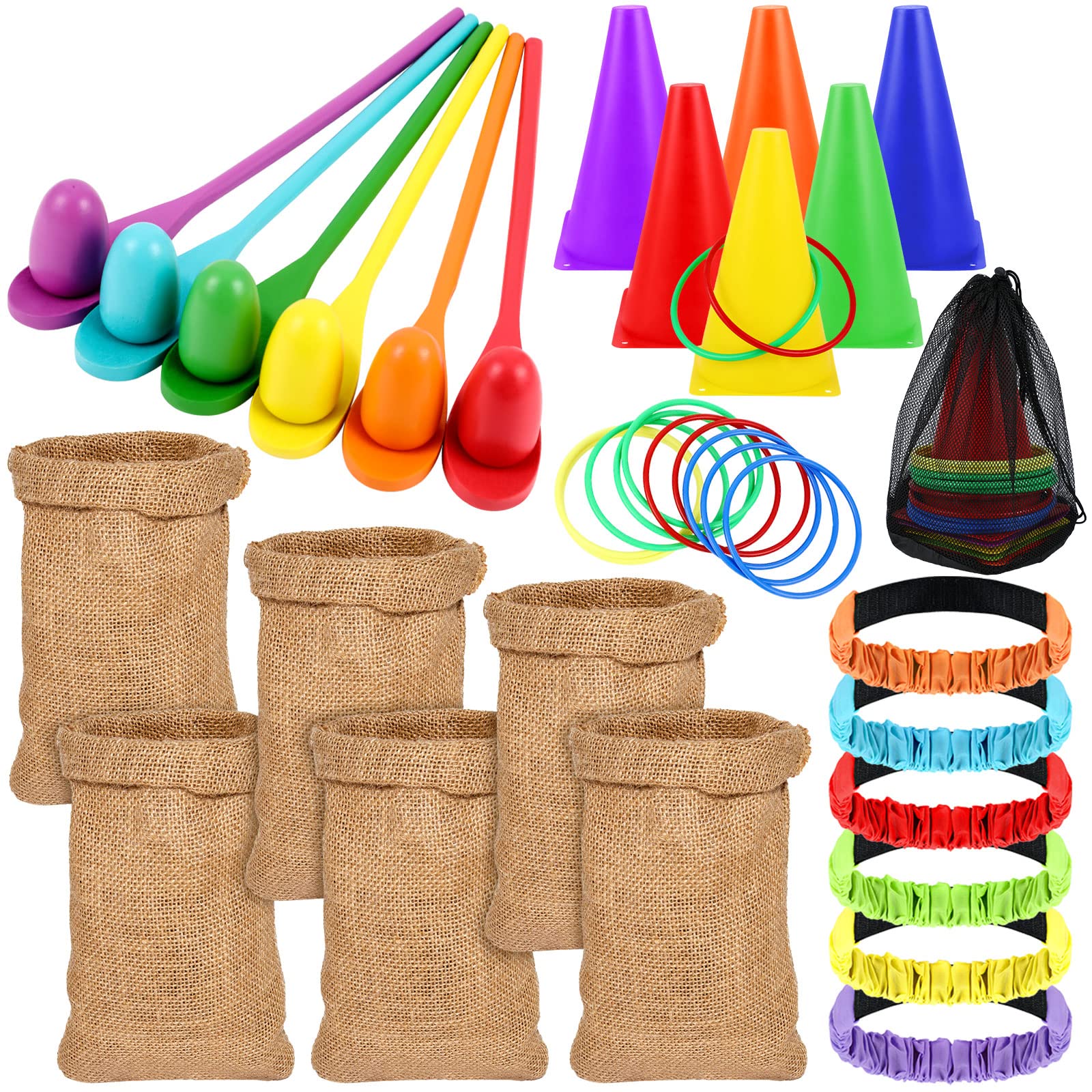Sumind 40-Piece Carnival Outdoor Game Set - 6 Pack 25x40 Inch Burlap Potato Sack Race Bags for Kids & Adults - Includes Egg & Spoon Race, 3-Legged Race Bands, Ring Toss Cones - Perfect for Field Day, Family Reunion, Lawn Party & Easter Games