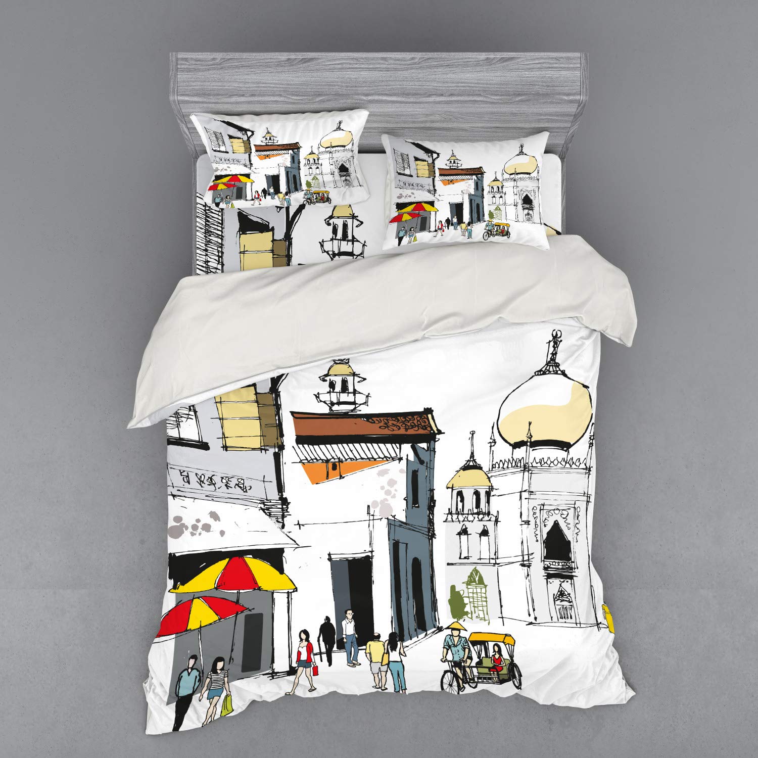 Ambesonne Asian Duvet Cover Set - Hand-Painted Old Singapore Traditional Building with People & Umbrellas Travel Design, 4-Piece Queen Size Bedding Set with Shams & Fitted Sheet, Multicolor | Perfect for Home Decor, Guest Room, Travel Enthusiasts & Asian Culture Lovers