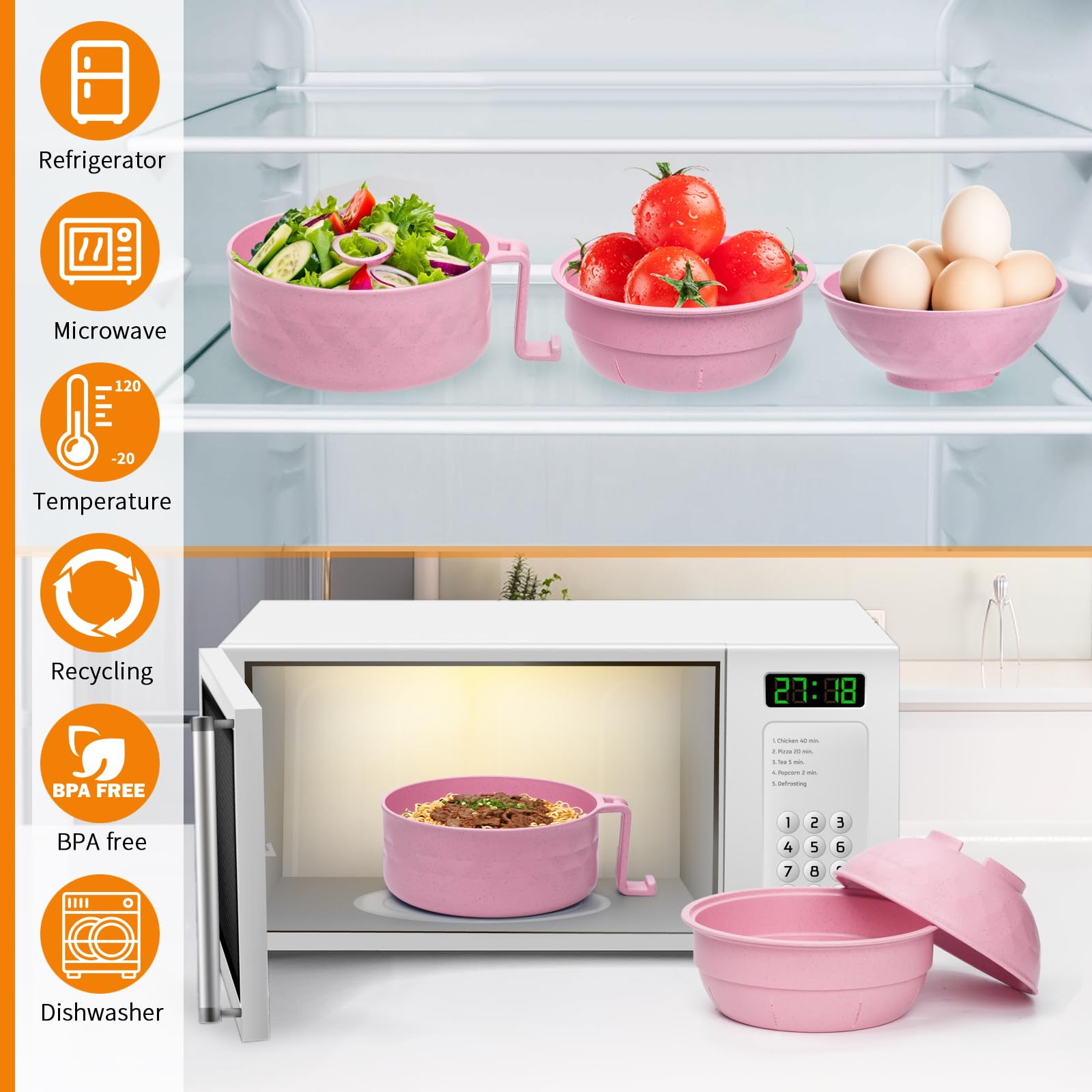 32oz Microwave Ramen Cooker Bowl Set with Lid - Portable Noodle Soup Bowl for Home, Office & Dorm - Perfect College Gift (Pink) | Quick Meals, Instant Noodles & Microwave Cooking