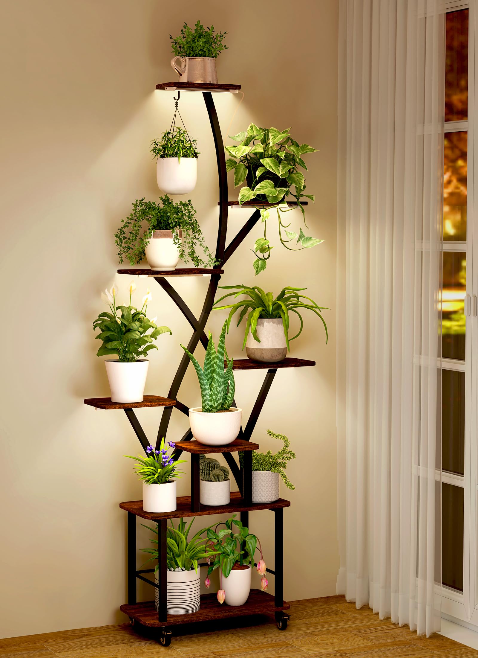 8-Tier Tall Metal Plant Stand with Grow Lights & Wheels - 64