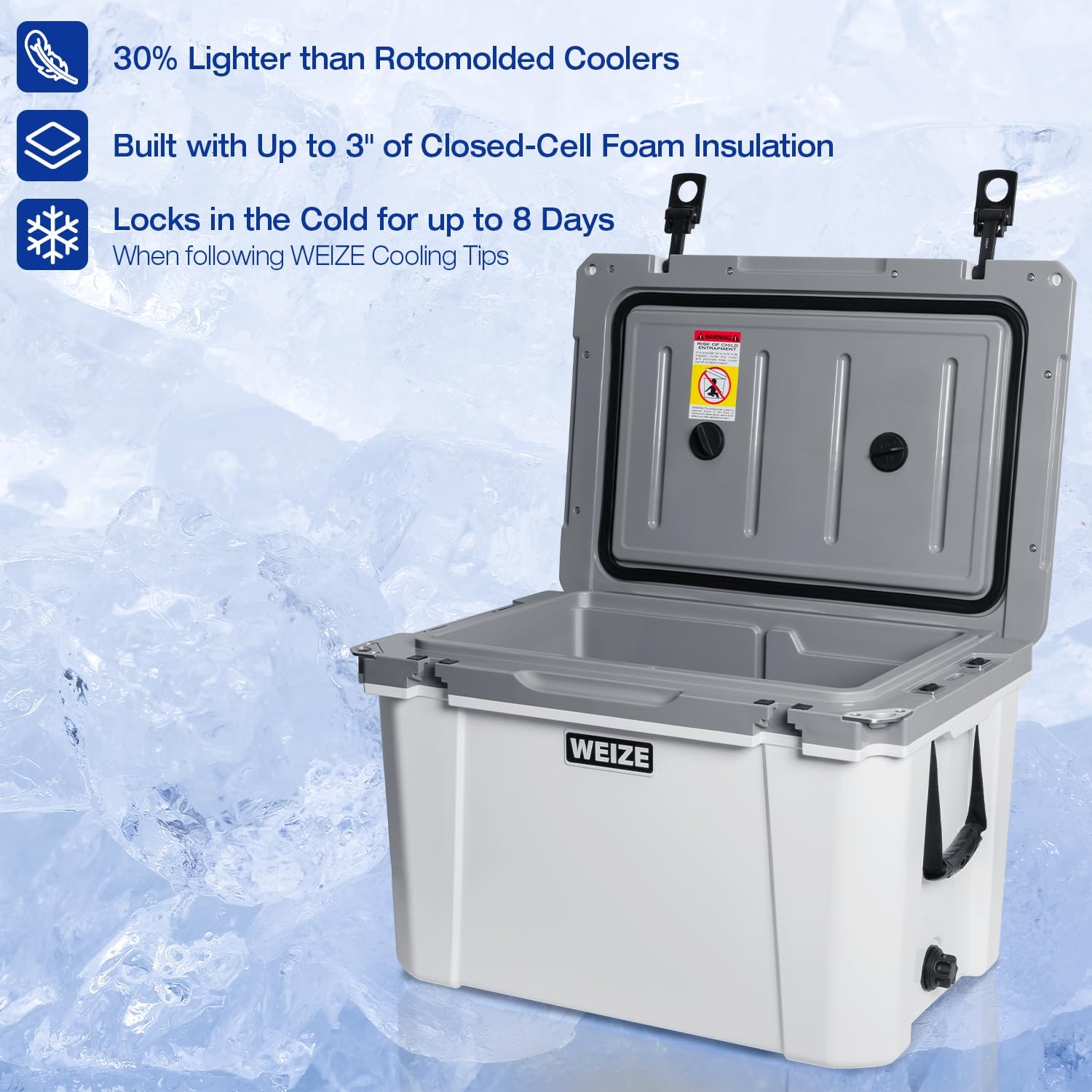 WEIZE Ultra Light 55 Quart Hard Cooler - Insulated Portable Ice Chest Box with Bottle Opener | Keeps Ice Cold Up to 8 Days | Perfect for Camping, Beach Trips, Tailgating & Outdoor Adventures
