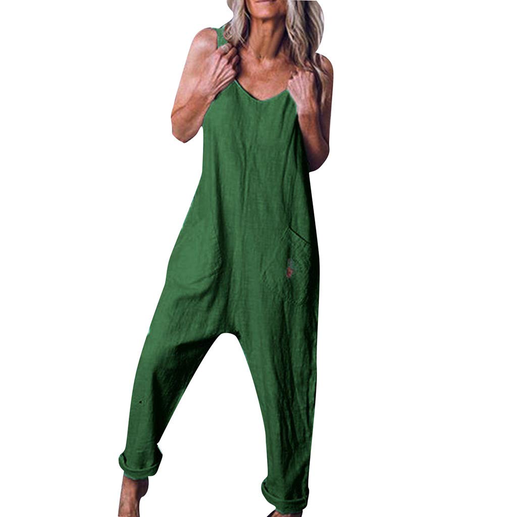 Women's Plus Size Linen Jumpsuit - Sleeveless Strap Top Casual Romper | Breathable Summer Outfit for Beach, Travel & Everyday Wear F3