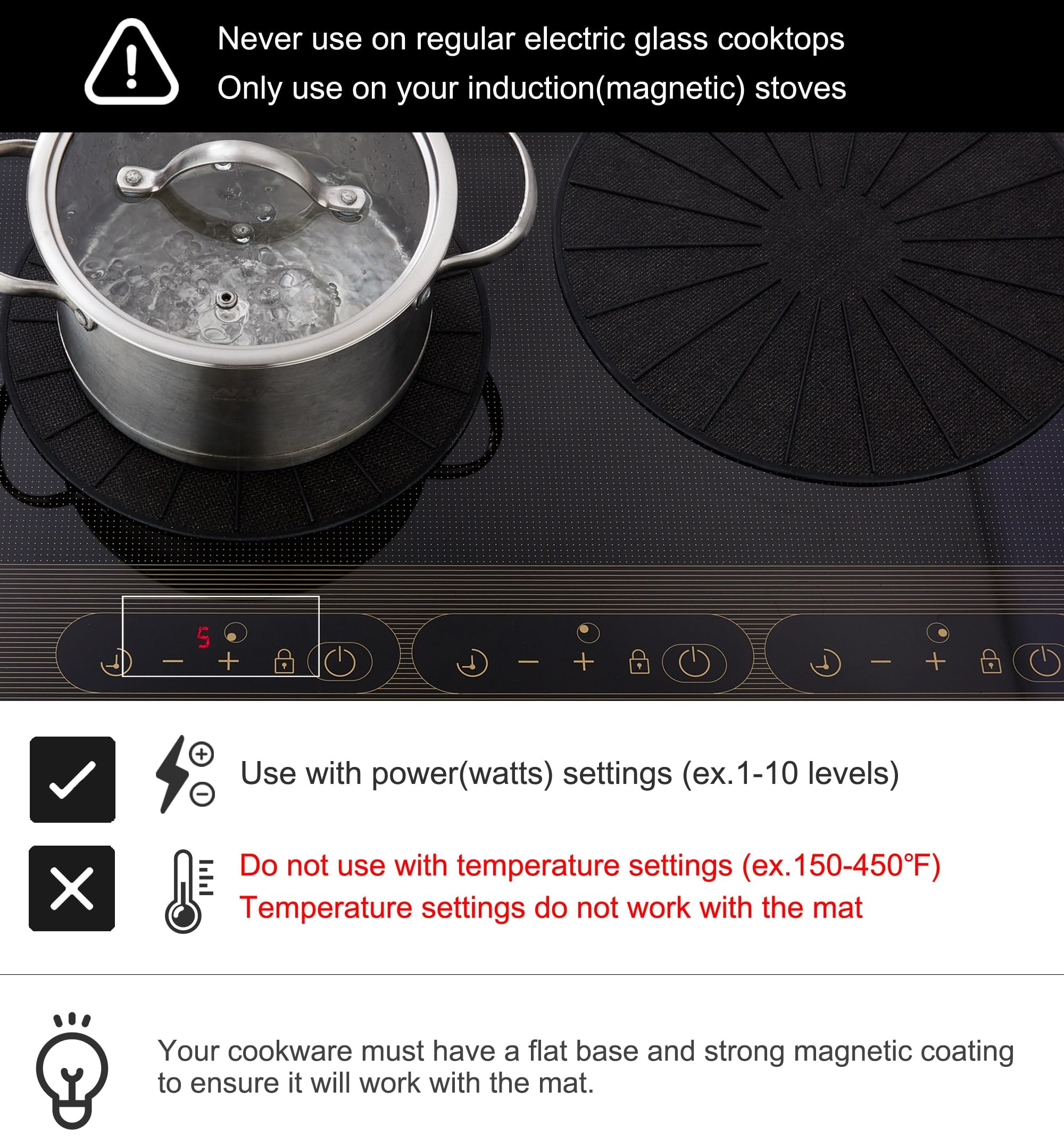 Non-Slip Silicone Fiberglass Induction Cooktop Mat - Magnetic Stove Protector - Prevents Pots from Sliding While Cooking - 7.4 Inch Square Black - Perfect for Kitchen Safety & Easy Cleaning