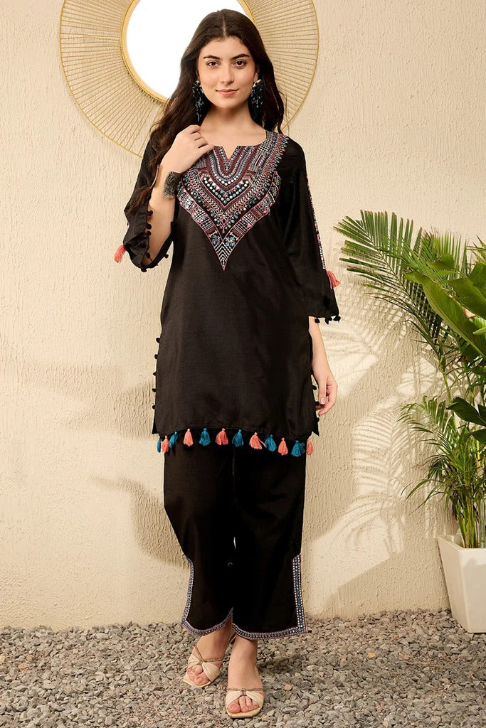 Stylish Black Embroidered Viscose Rayon Kurta Set with Straight Pants | Women's Indian Ethnic Wear | Perfect for Festivals, Weddings & Casual Outings
