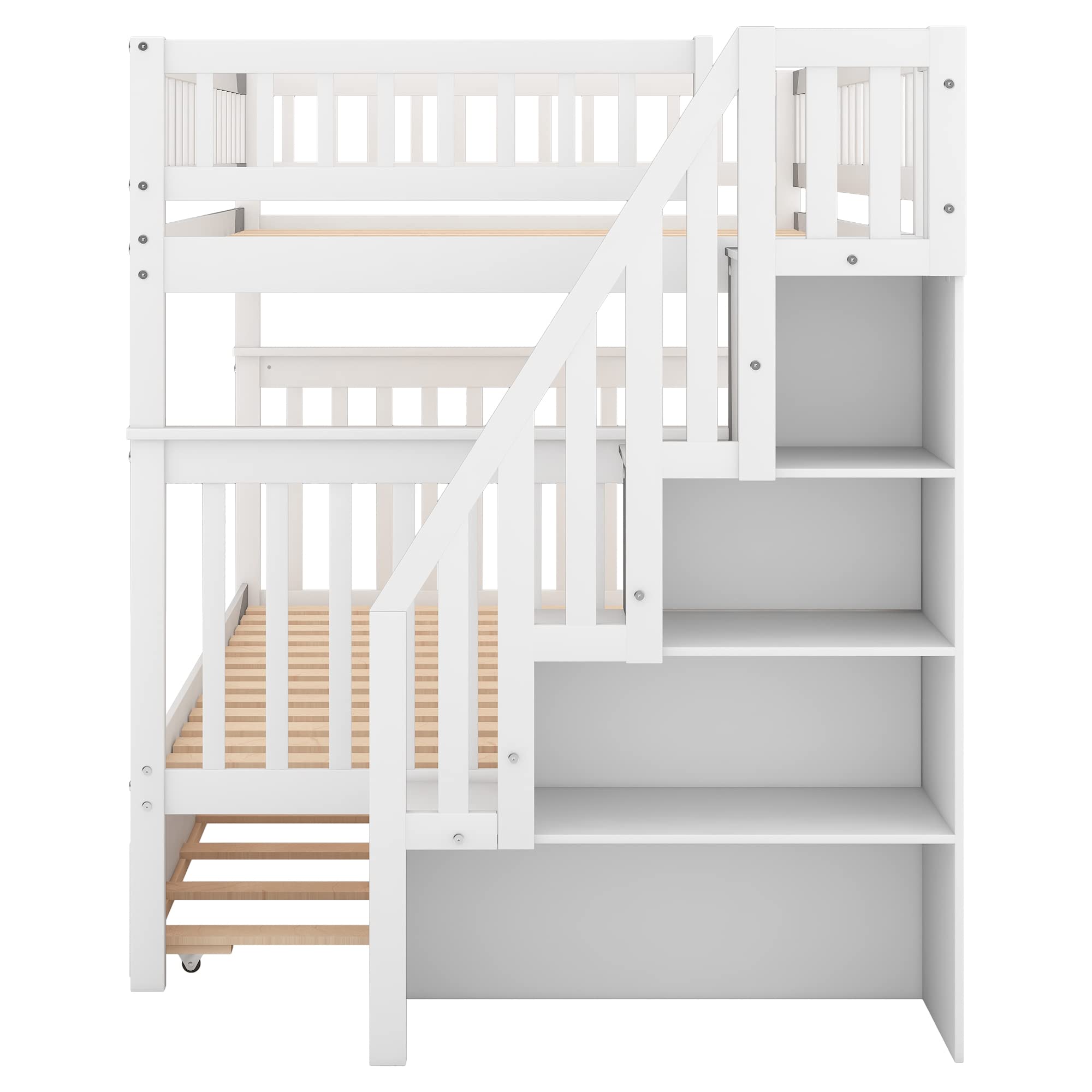 Harper & Bright Designs Full Over Full Bunk Bed with Trundle & Staircase - Solid Wood Bunk Bed for Kids, Teens & Adults - Space-Saving Bedroom Solution (White) - Perfect for Guest Rooms, Dorms & Small Spaces