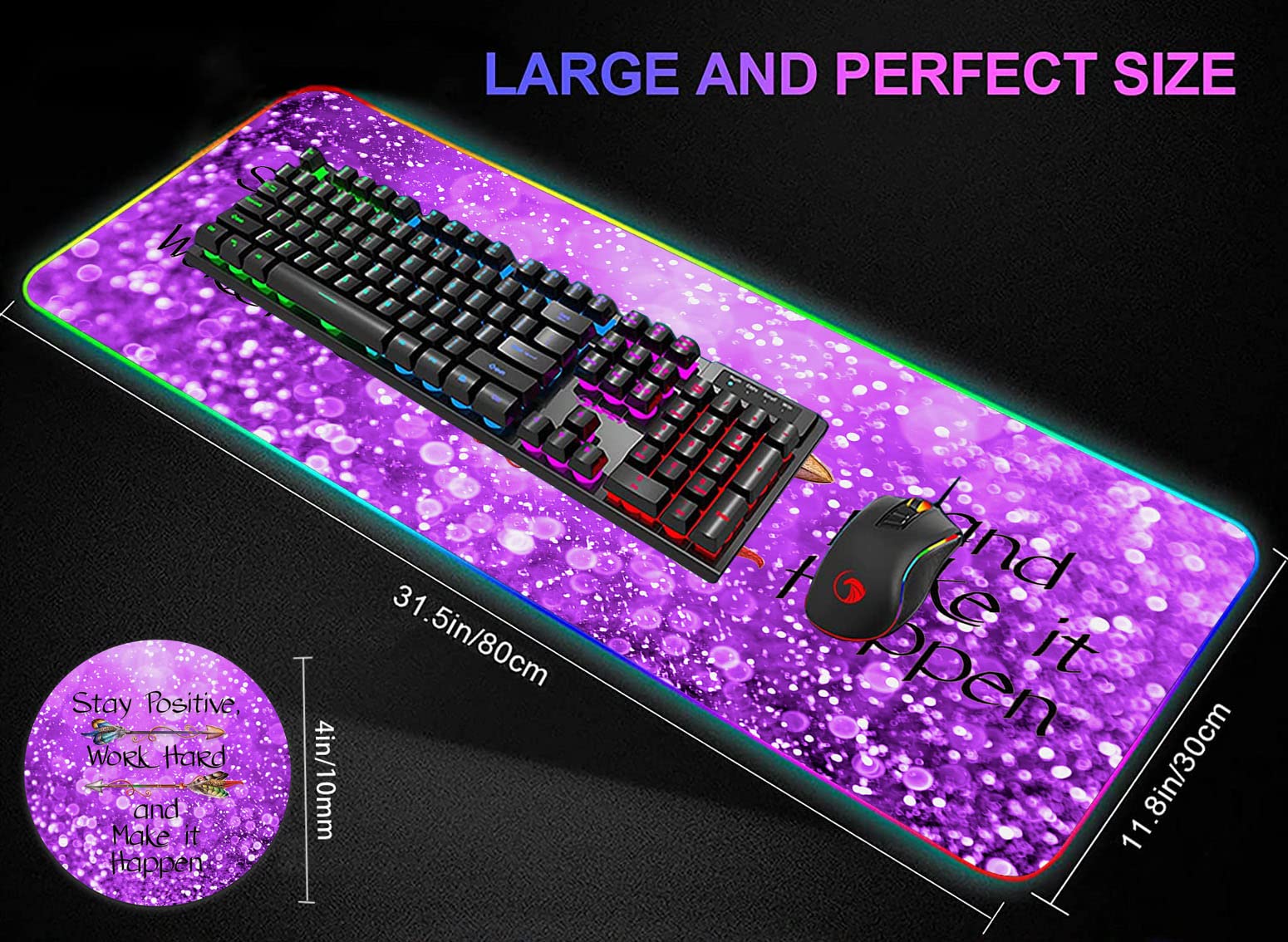 RGB Gaming Mouse Pad - Large LED Light-Up Desk Mat with Non-Slip Base, Purple Motivational Design for PC Gamers & Office Workers | Perfect for Esports, Streaming & Home Office Setup
