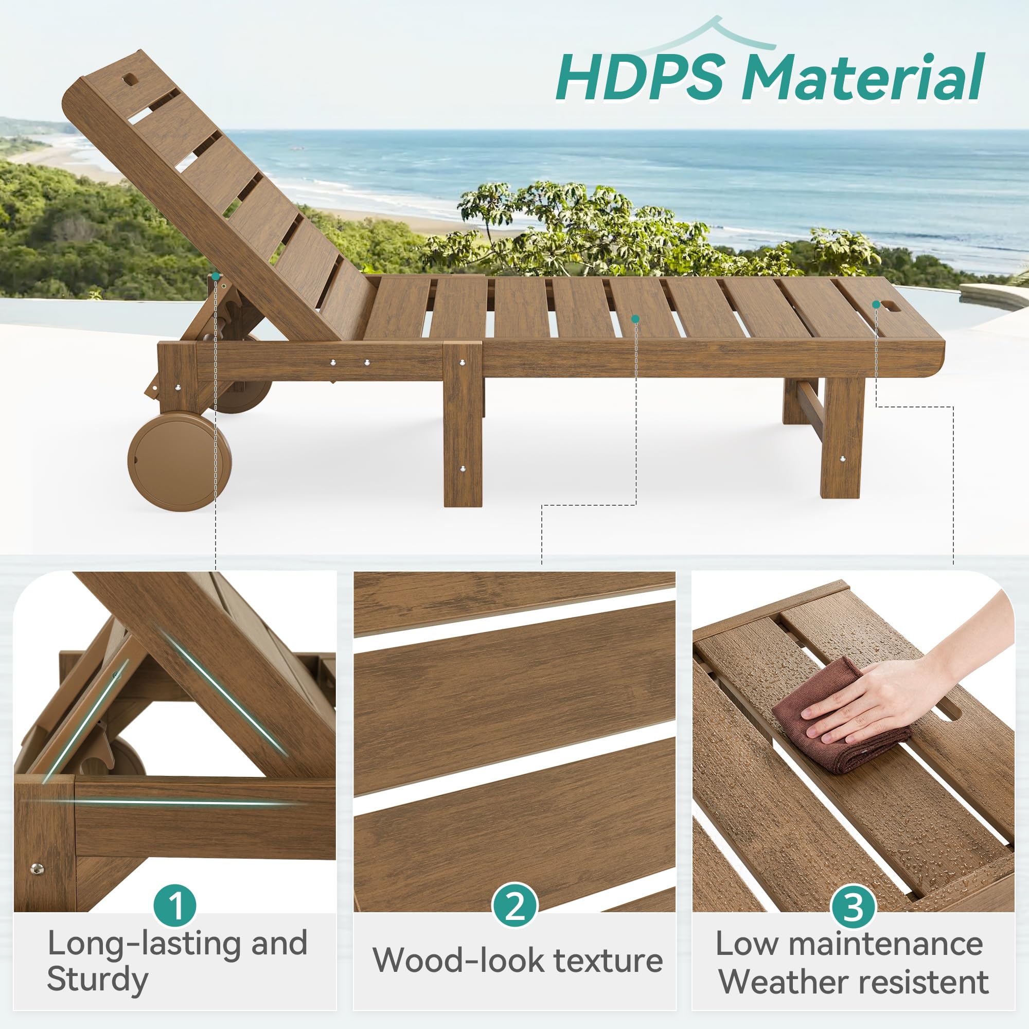 2-Pack HDPS Outdoor Lounge Chairs with 5-Position Adjustable Backrest & Wheels - Patio, Poolside & Beach Chaise Lounge Set (Brown) - Perfect for Sunbathing, Relaxing by the Pool or Coastal Getaways