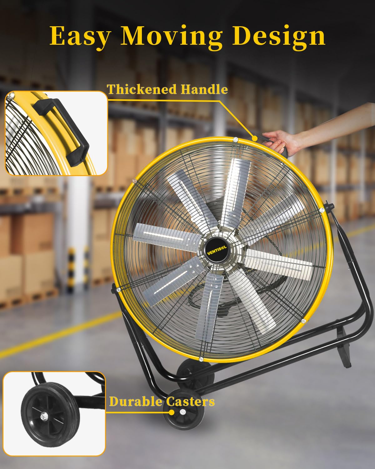 VENTISOL 24 Inch Industrial Floor Drum Fan - 9500 CFM Heavy Duty 3-Speed Air Circulator with Castors | High Velocity Shop Fan for Warehouse, Basement, Factory, Barn, Garage | Perfect for Cooling, Ventilation & Air Circulation in Large Spaces