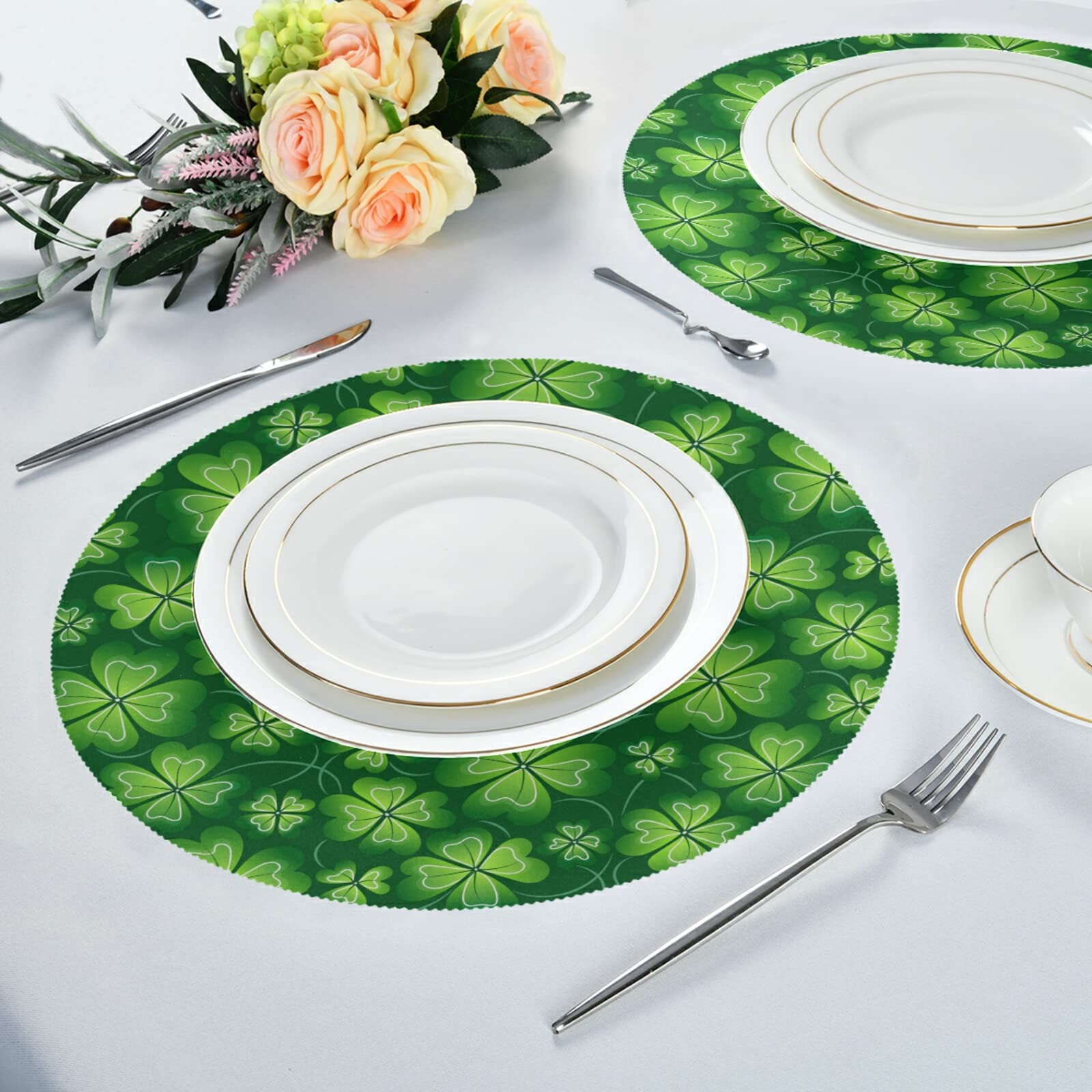 Dark Green Clover St. Patrick's Day Placemats - Set of 4 Round Heat Insulation & Non-Slip Dining Table Mats (15.4 Inch) for Kitchen, Holiday Decor & Irish Themed Parties - Perfect for St. Paddy's Celebrations, Dinner Gatherings & Festive Home Decor