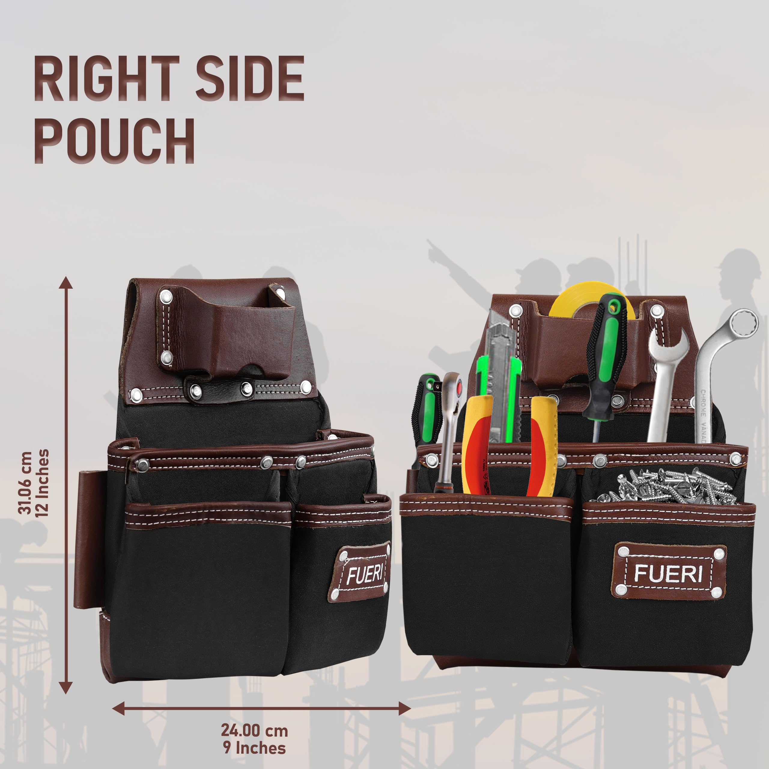 FUERI Heavy Duty Nylon & Leather Tool Belt for Men - Carpenter, Electrician, Construction Work Belt with Multiple Pouches & Organizer (Black/Brown) - Perfect for Framing, Renovation & DIY Projects