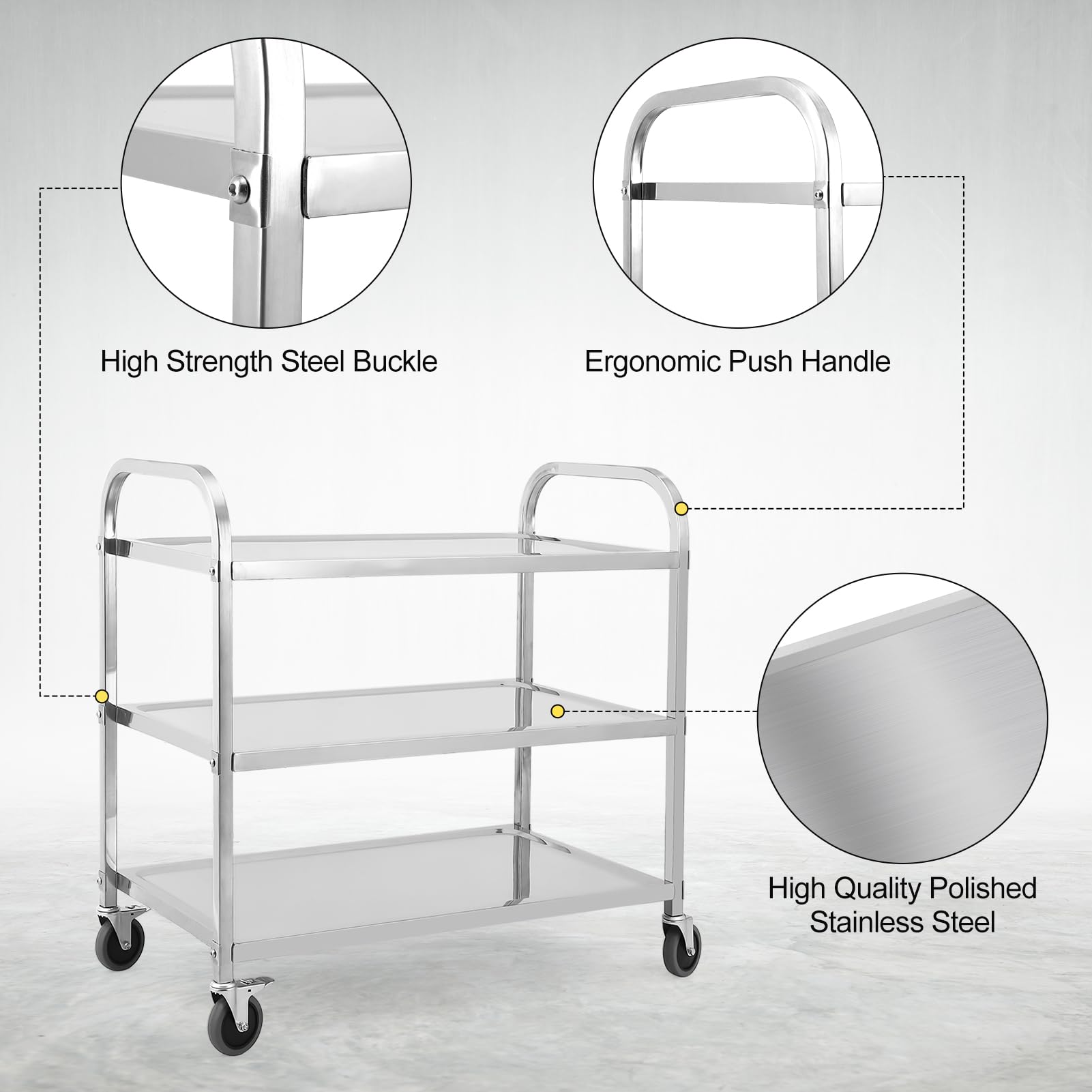 GARVEE 3-Tier Heavy Duty Stainless Steel Utility Cart with Handle & Locking Wheels - 265Lbs Capacity (85x45x90cm) - Perfect for Kitchen, Restaurant, Hospital, Lab & Home Organization