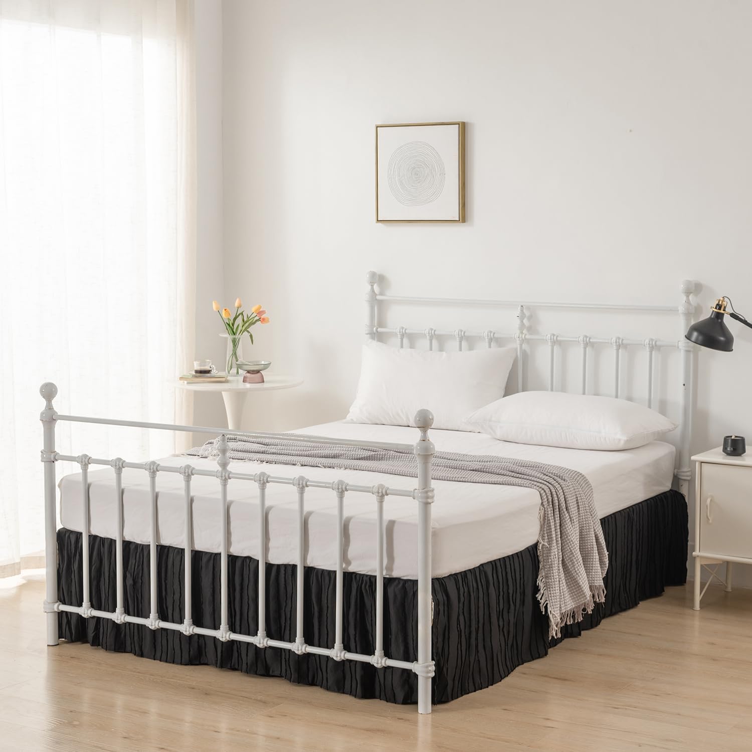 Full Size Bed Skirt - 14 Inch Drop Ruffled Split Corner Design, Striped Boho Style in Black | Perfect for Guest Rooms, Master Bedrooms & Bohemian Home Decor