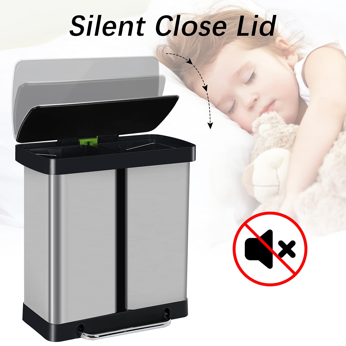 16 Gallon Stainless Steel Dual Trash Can with Lid - 60L High Capacity Step Garbage Bin for Kitchen, Bathroom, Bedroom & Office - Perfect for Waste Separation & Recycling in Home or Workplace