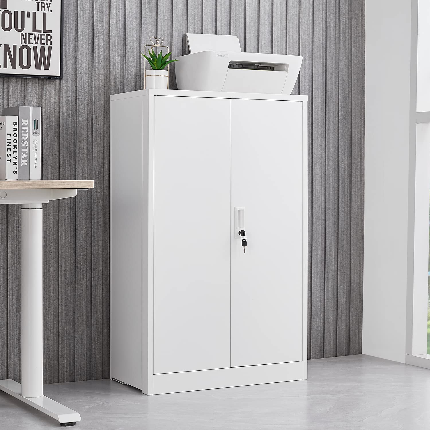 NicBex White Metal Storage Cabinet - Locking File Cabinet with Adjustable Shelves, Foldable for Home Office, School & Garage Organization | Secure Document & Supply Storage Solution