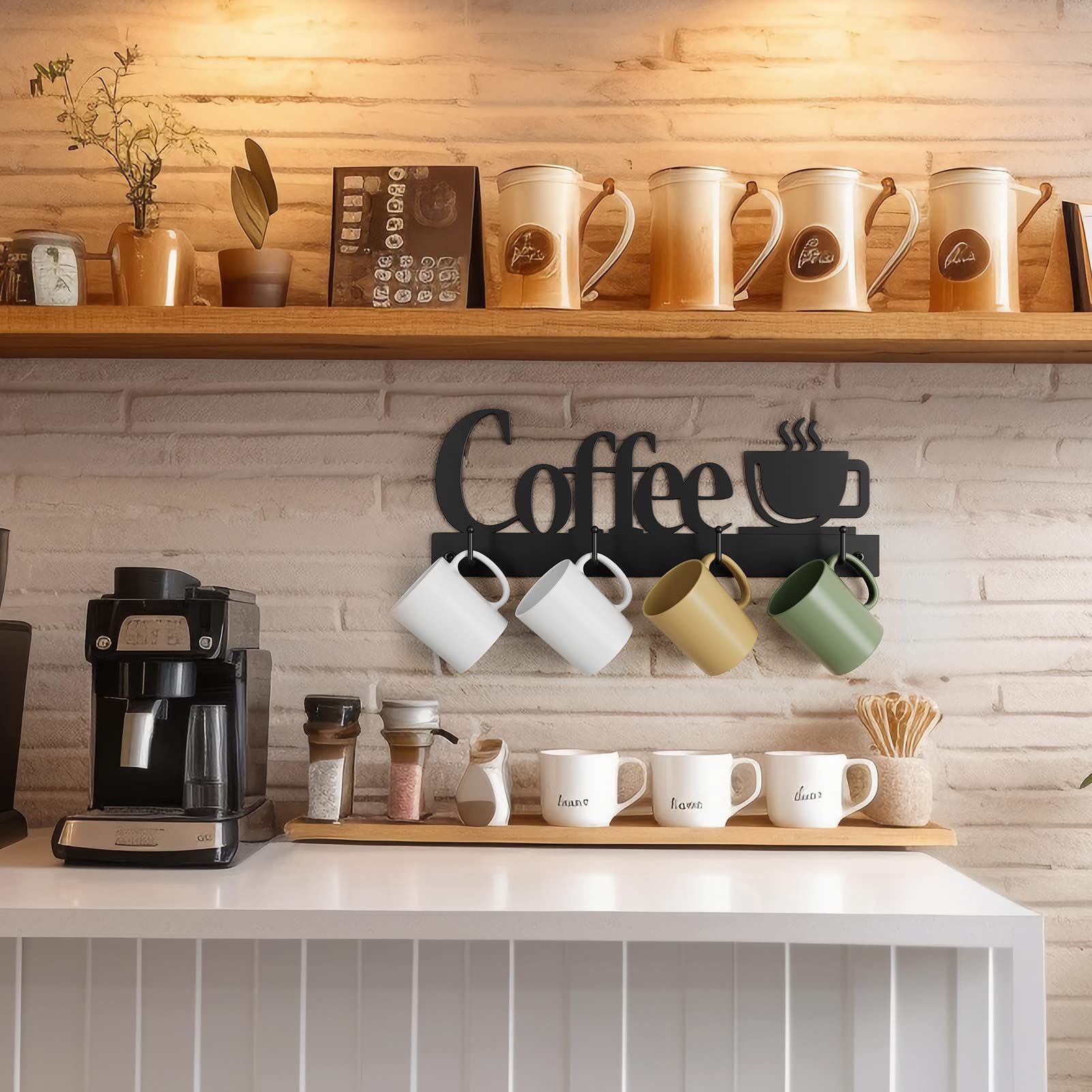 Rustproof Wall-Mounted Coffee Cup Holder with 4 Heavy-Duty Hooks - Includes Metal Coffee Sign & Cup-Shaped Logo - Perfect Kitchen & Office Decor for Coffee Bar Accessories & Tea Cup Organization