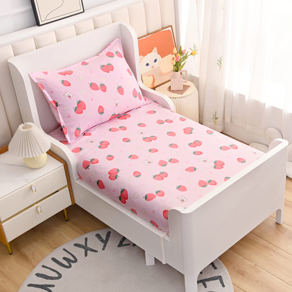 2PC Soft Fitted Sheet & Pillowcase Set for Full Size Bed - Strawberry Print Kids Bedding, Breathable & Hypoallergenic (Pink) - Perfect for Nursery, Toddler Room & Sleepovers