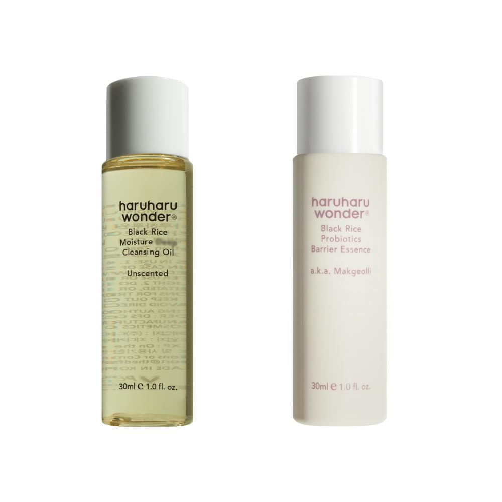 HARUHARU Wonder Black Rice Moisture Deep Cleansing Oil & Probiotics Barrier Essence Travel Size Duo - Korean Skincare Set for Hydration & Glow - Perfect for Travel & Daily Routine