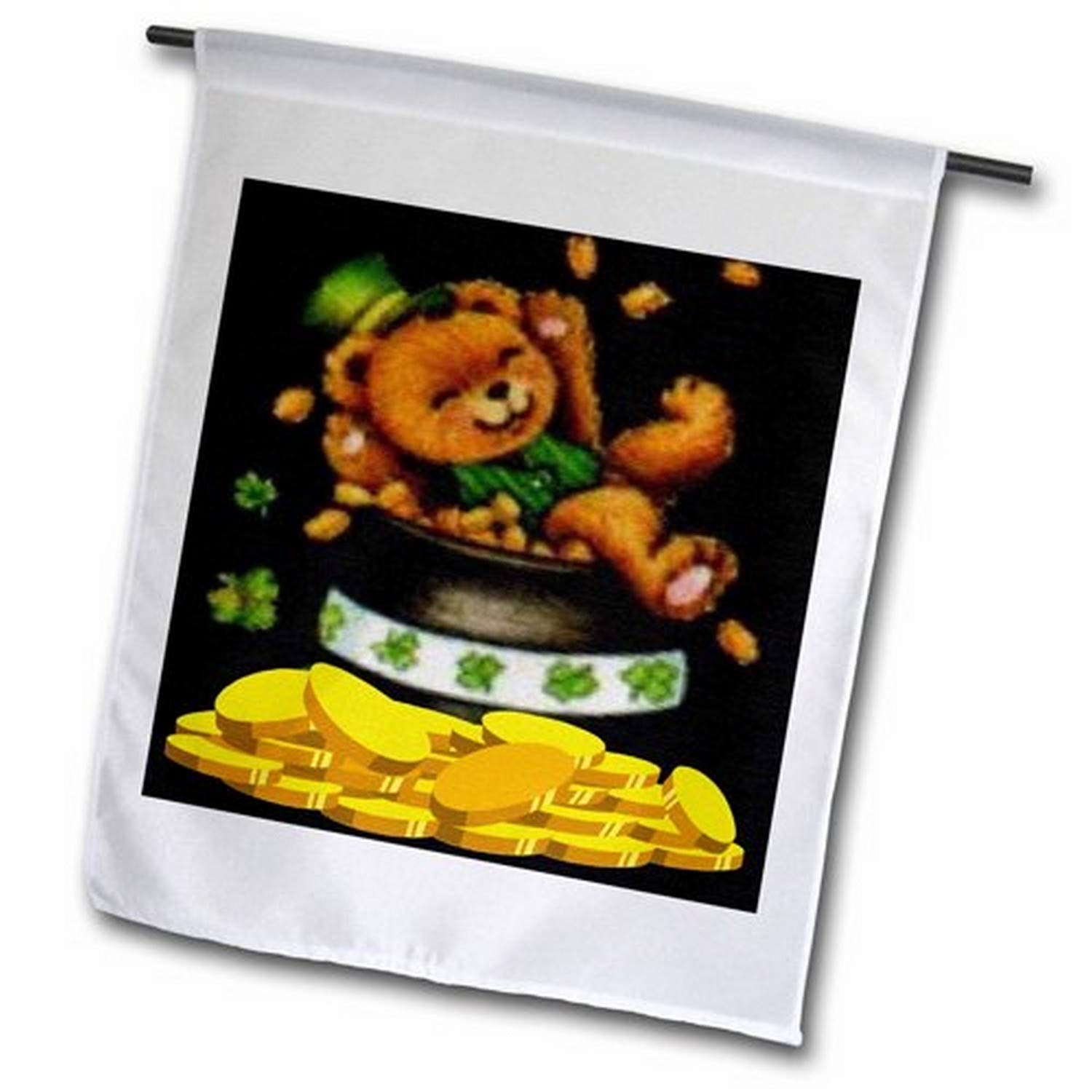 3D Rose Teddy Bear Sitting in Pot of Gold Coins Garden Flag - 12x18 Inch Outdoor Decorative Flag for St. Patrick's Day, Spring & Garden Decor