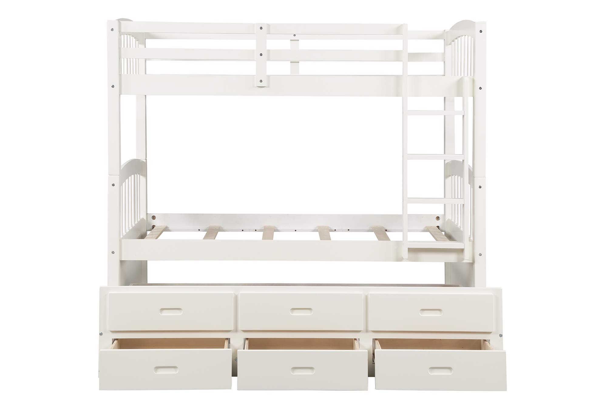 Twin Over Twin Bunk Bed for Kids - Solid Wood Bunk Beds with Trundle, Storage Drawers, 4-Step Ladder & Safety Guardrails - No Box Spring Needed (White + Pine) - Perfect for Small Bedrooms, Guest Rooms & Kids' Shared Spaces