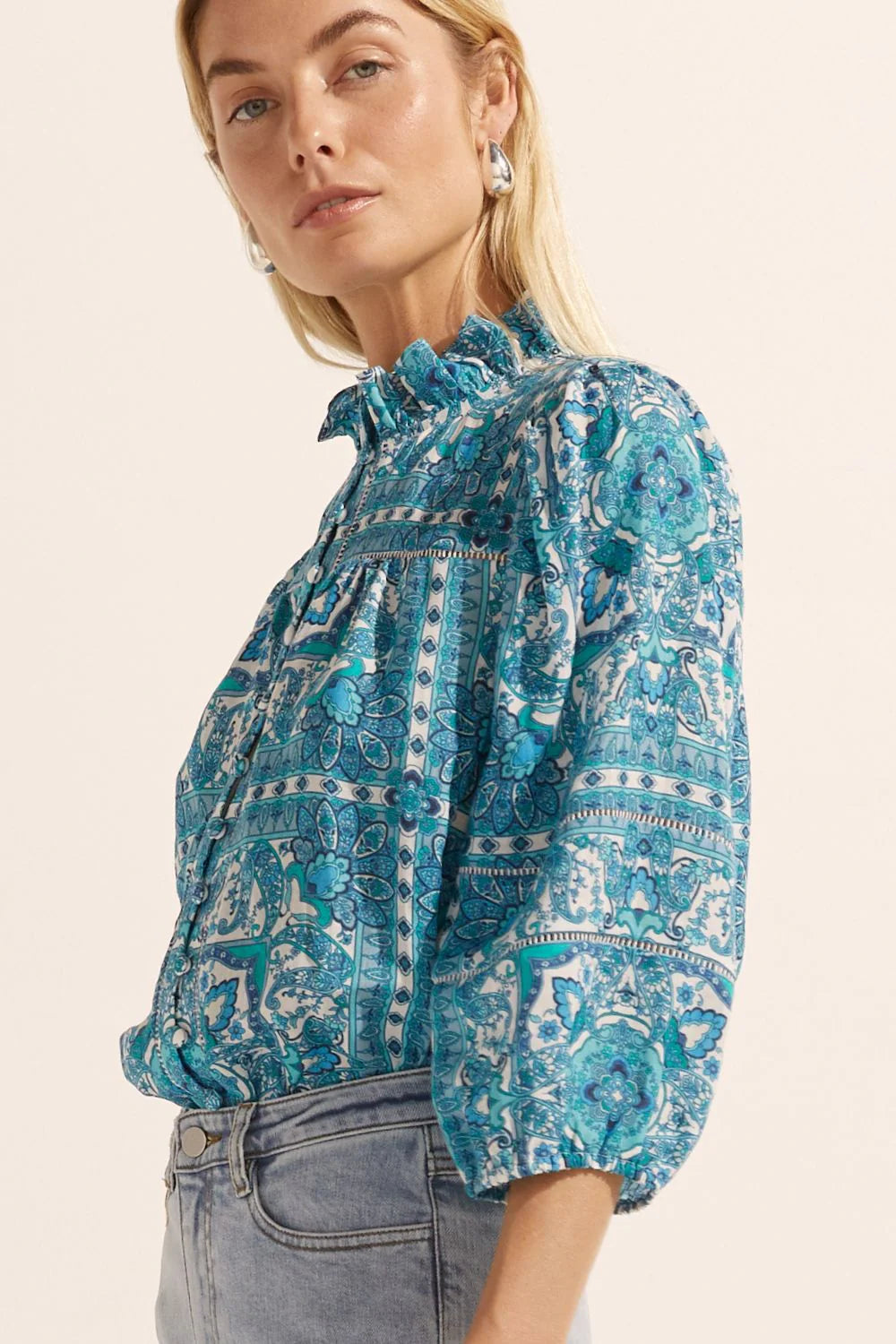Zoe Kratzmann Wayfarer Top - Women's Fashion Blue Tile Print Blouse for Casual Wear, Office Outfits & Summer Style