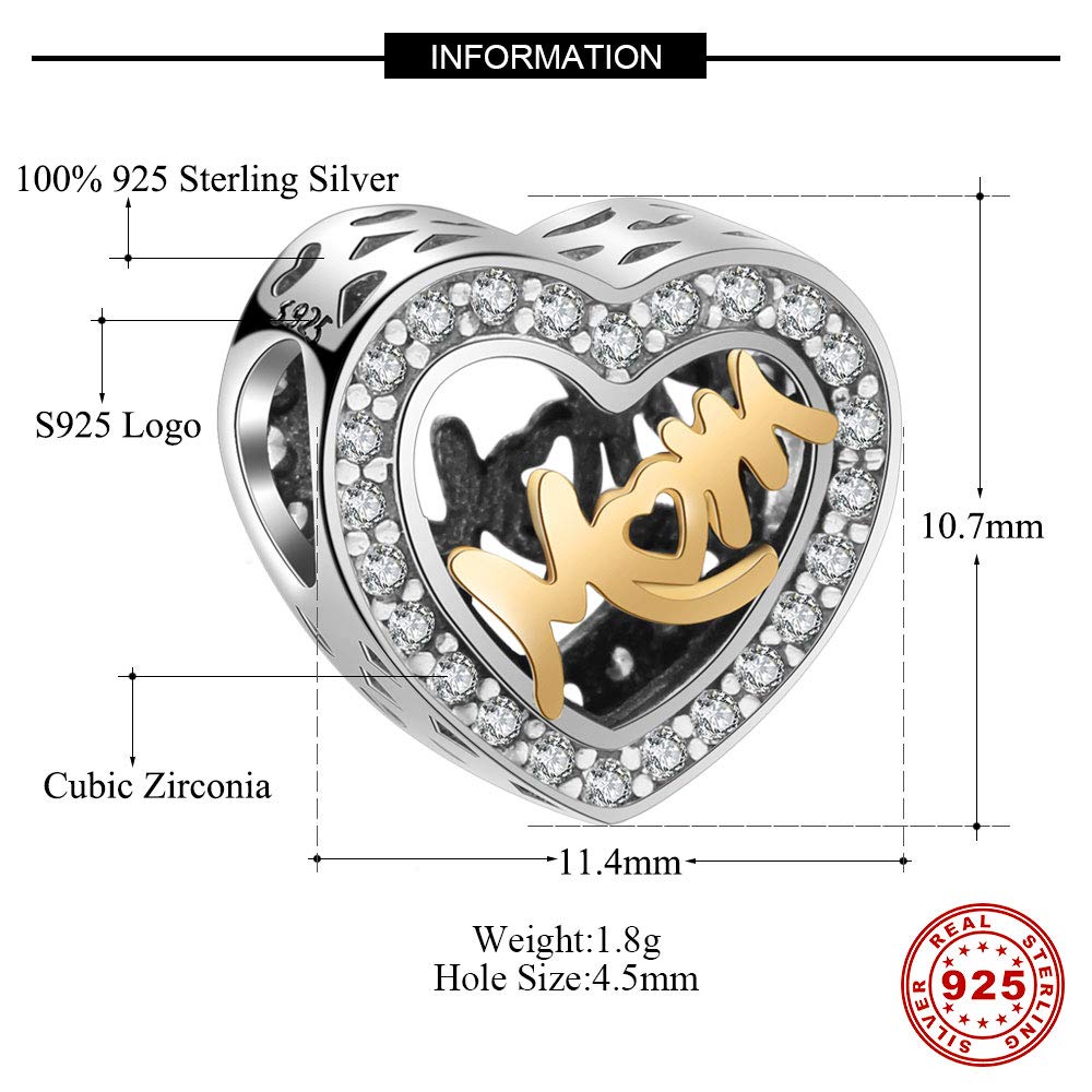 LaMeanrs Sterling Silver 925 & Gold Heart Beads Charm - Perfect for Women's Bracelets & Necklaces - Ideal for Mother's Day Gifts, Valentine's Day & Anniversary Jewelry