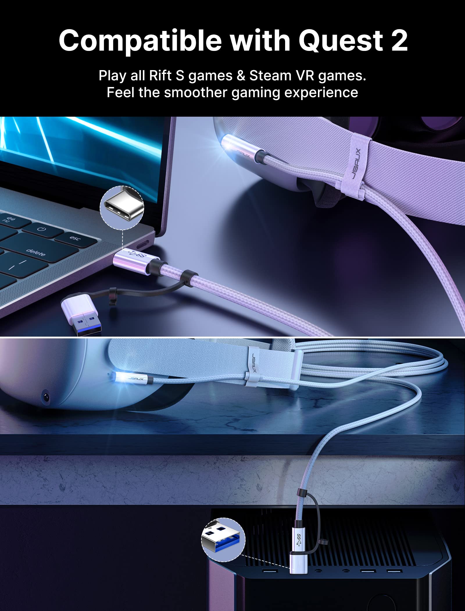 JSAUX 5m USB 3.0 High-Speed VR Link Cable 2-in-1 for Oculus Quest 2/Pico 4/Meta & PC/Steam VR - Data Transfer Adapter for VR Headsets & Gaming PCs - Perfect for Immersive Virtual Reality Experiences & PC Gaming Setups
